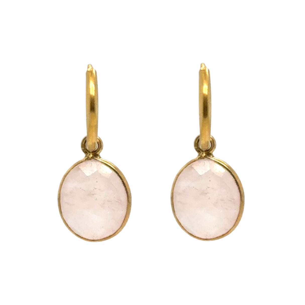 Delicate gold hoop earrings with gorgeous Rose Quartz semi-precious gemstone oval charms