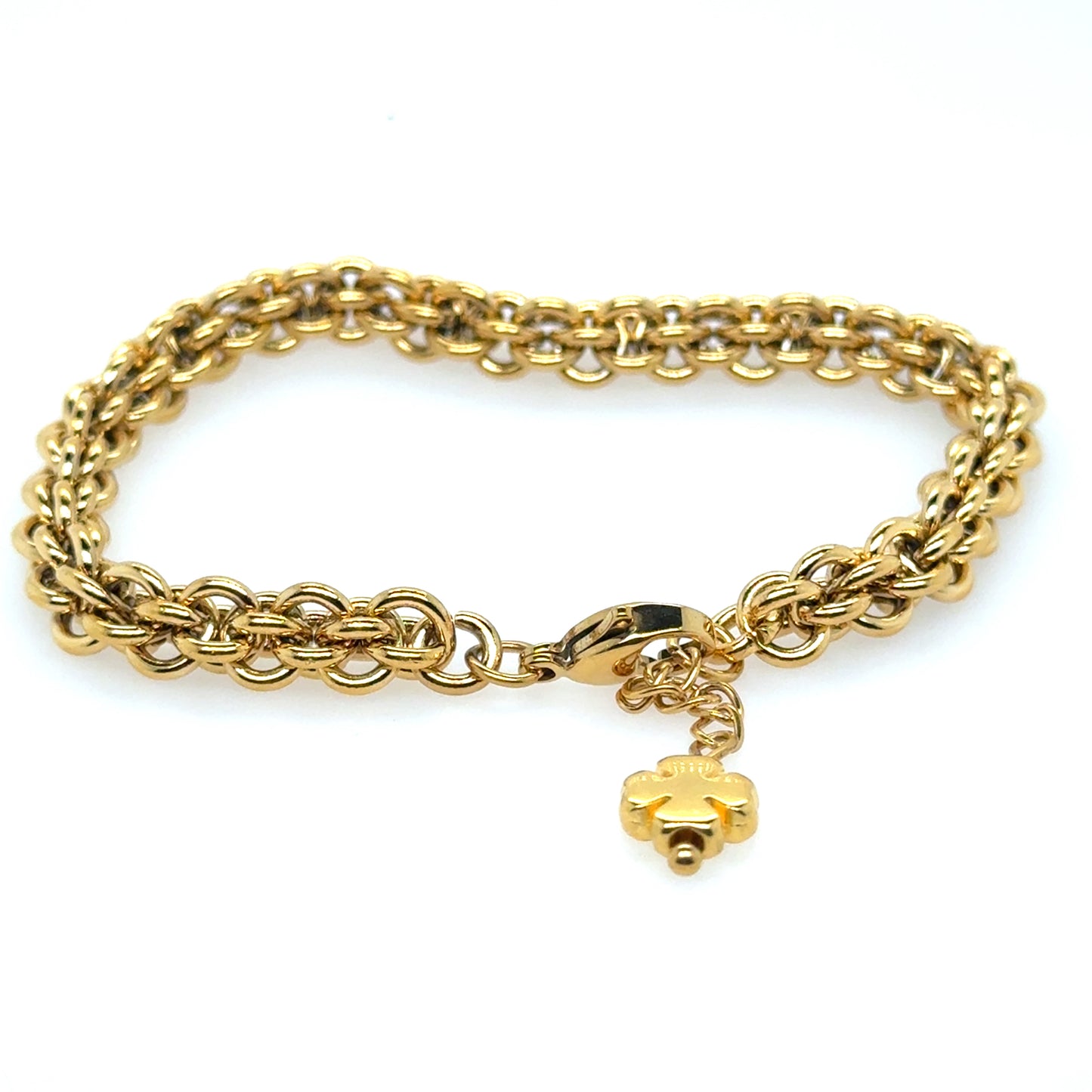gold bracelet has a chunky intertwined rounded chain design