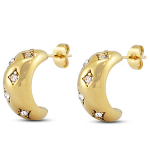 Gold hoop earrings with embedded diamonds on a white background