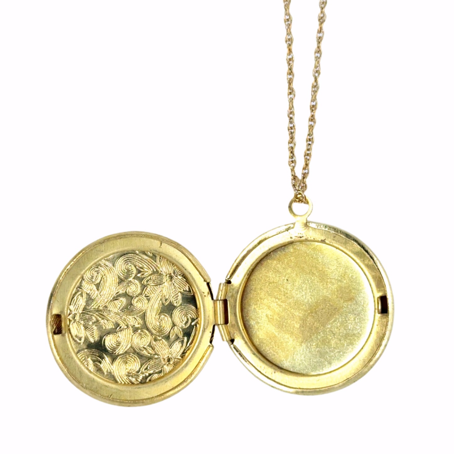Delicate twisted belcher chain necklace with round locket with a lovely floral engracing that opens at the side and can hold two little photos shown open