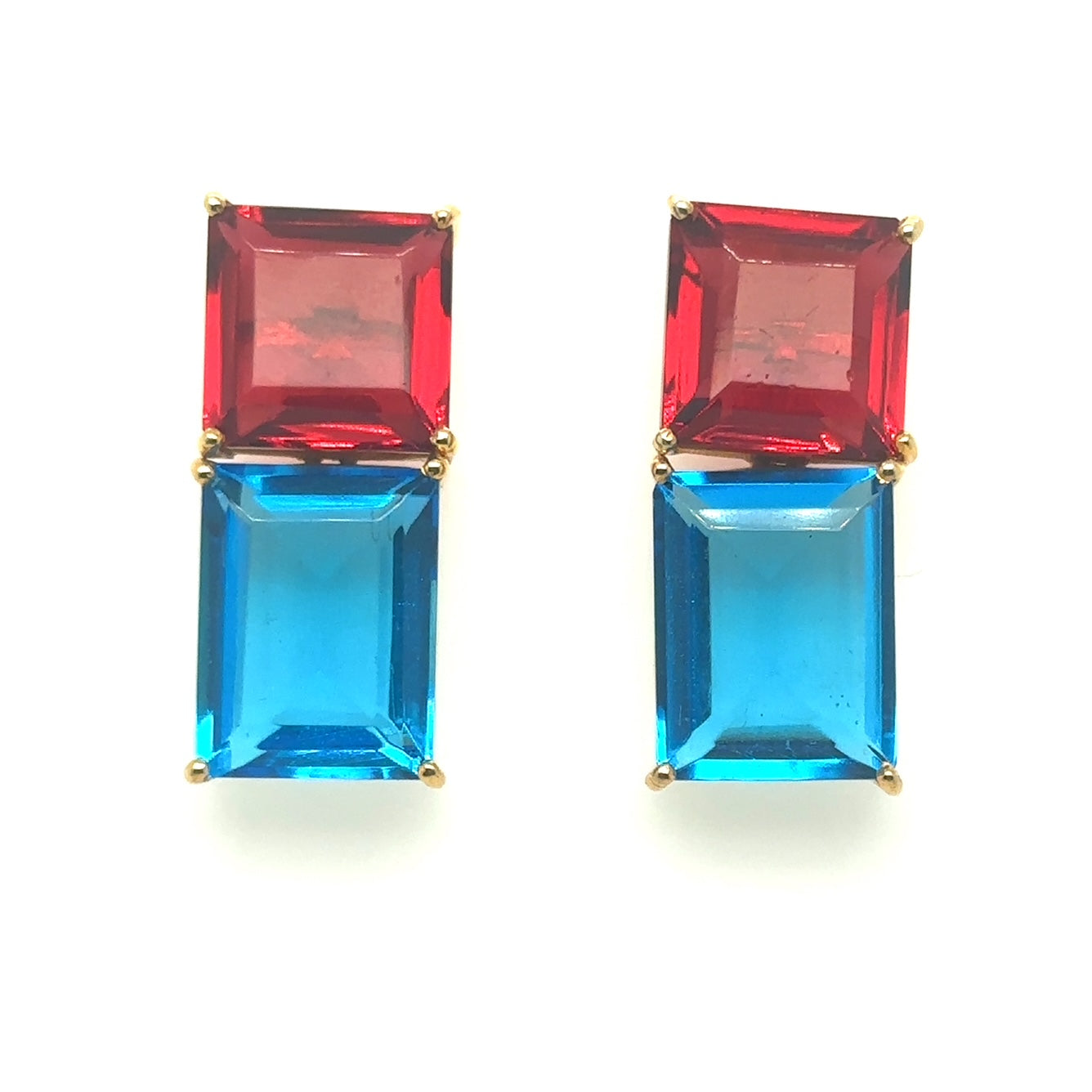 Lovely square Ruby and Sky Blue Quartz gemstone earrings handmade in India
