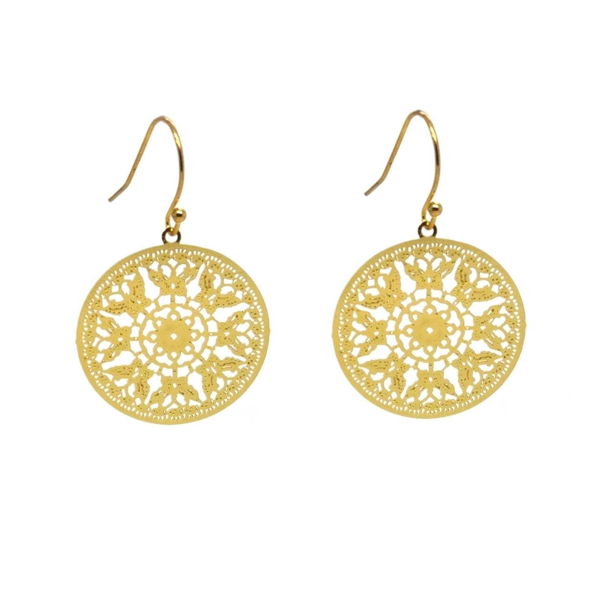 smaller bohemian patterned gold round earrings