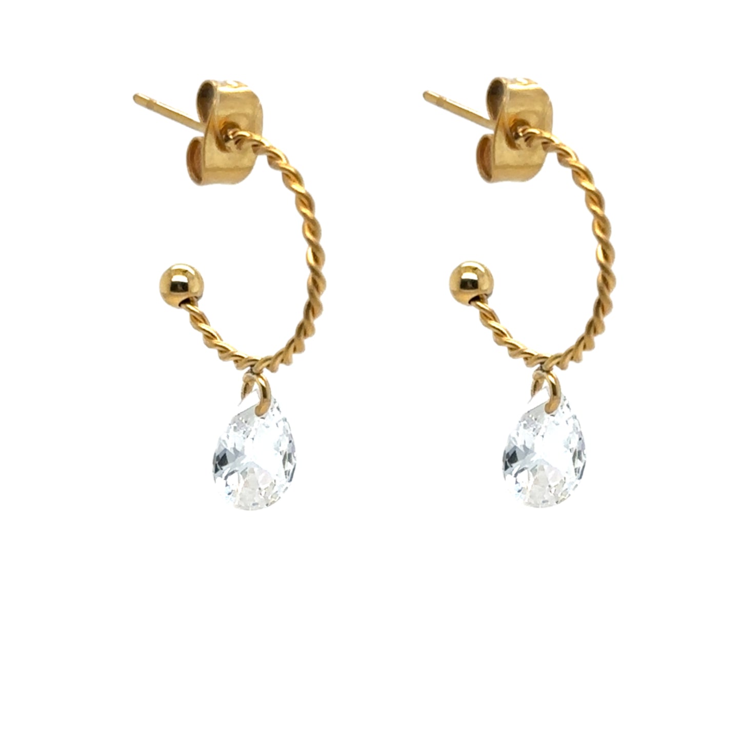 Small twisted gold hoop earrings with sparkly crystal charm