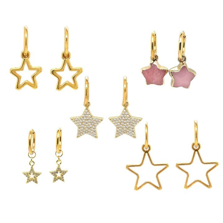 Five gold hoop earrings with star charms