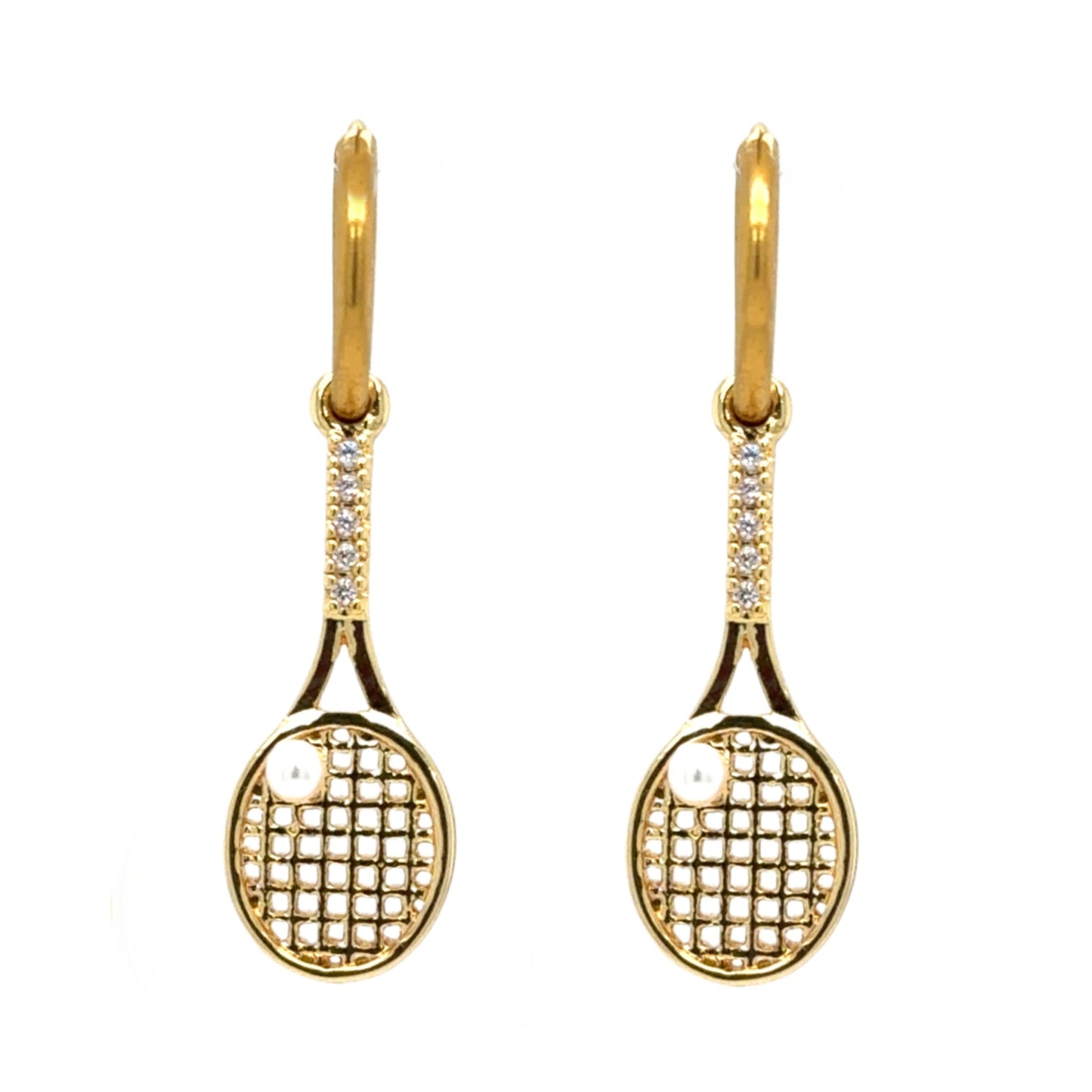 Delicate gold hoop earrings with adorable sparkly tennis racket charms with small tennis ball pearl