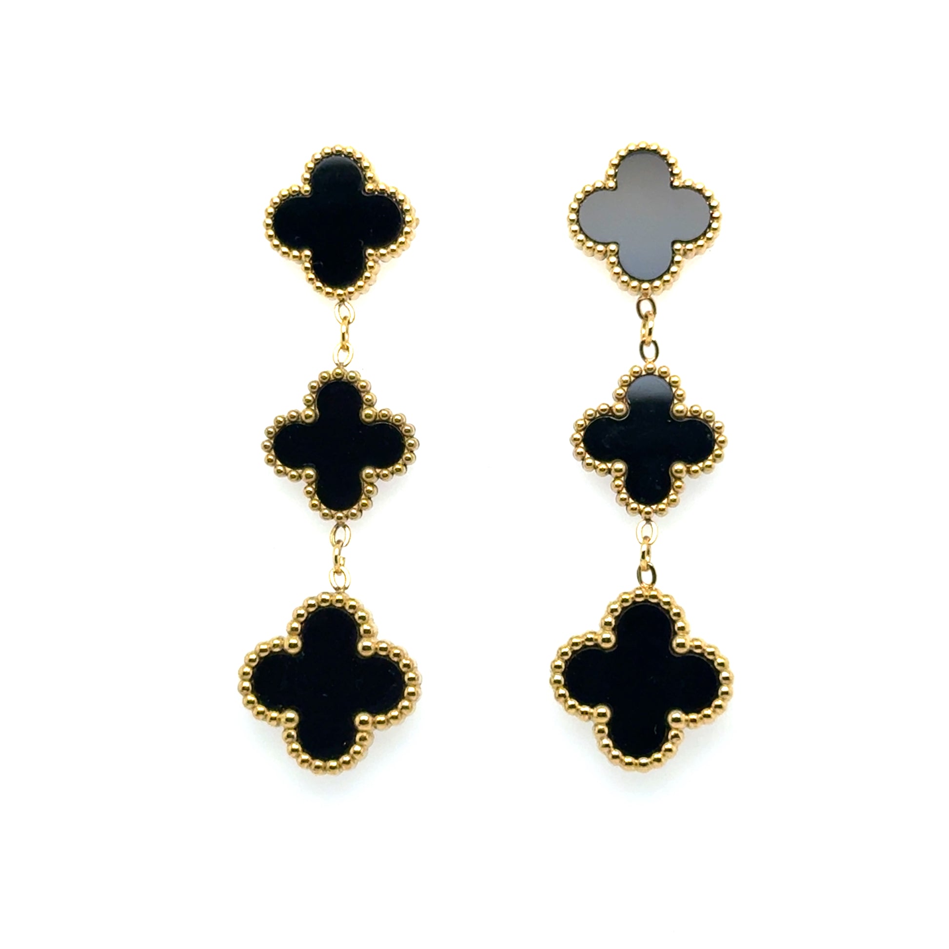 Clover shaped stud earrings with two dangling clover shaped charms all in black