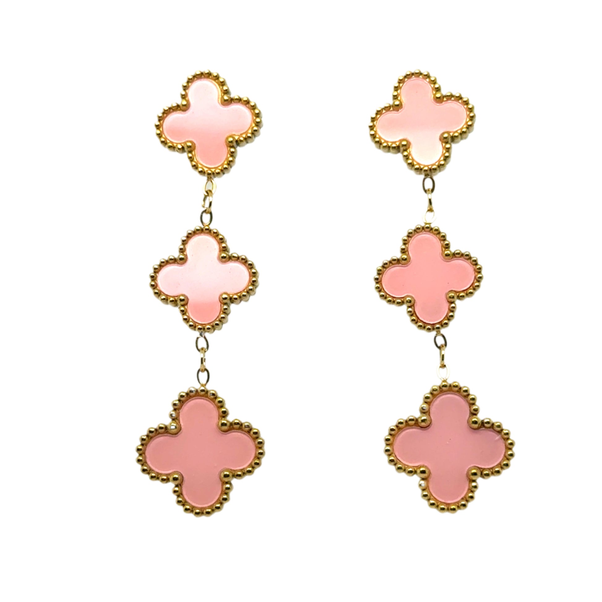 Clover shaped stud earrings with two dangling clover shaped charms all in pink