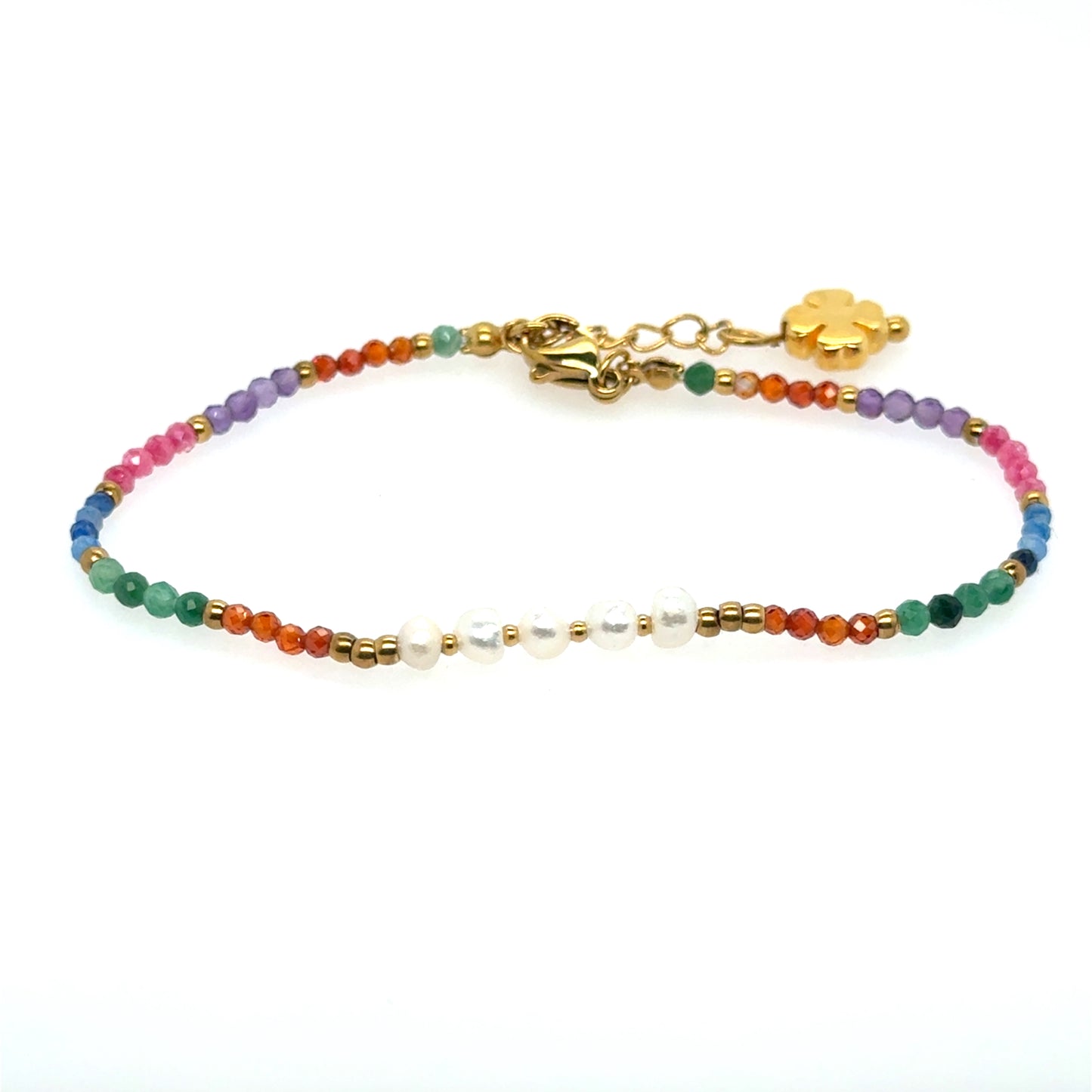 Delicate bracelet with rainbow of tiny gemstones and freshwater pearls