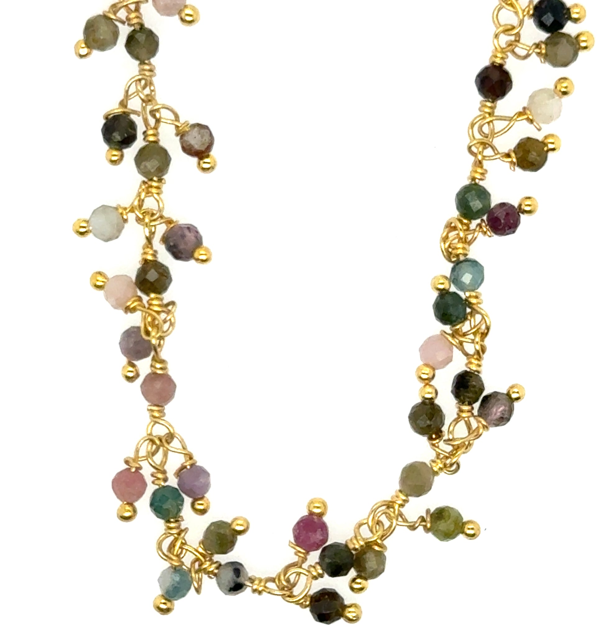 Gold necklace with lovely Tourmaline gemstone beads arranged in clusters