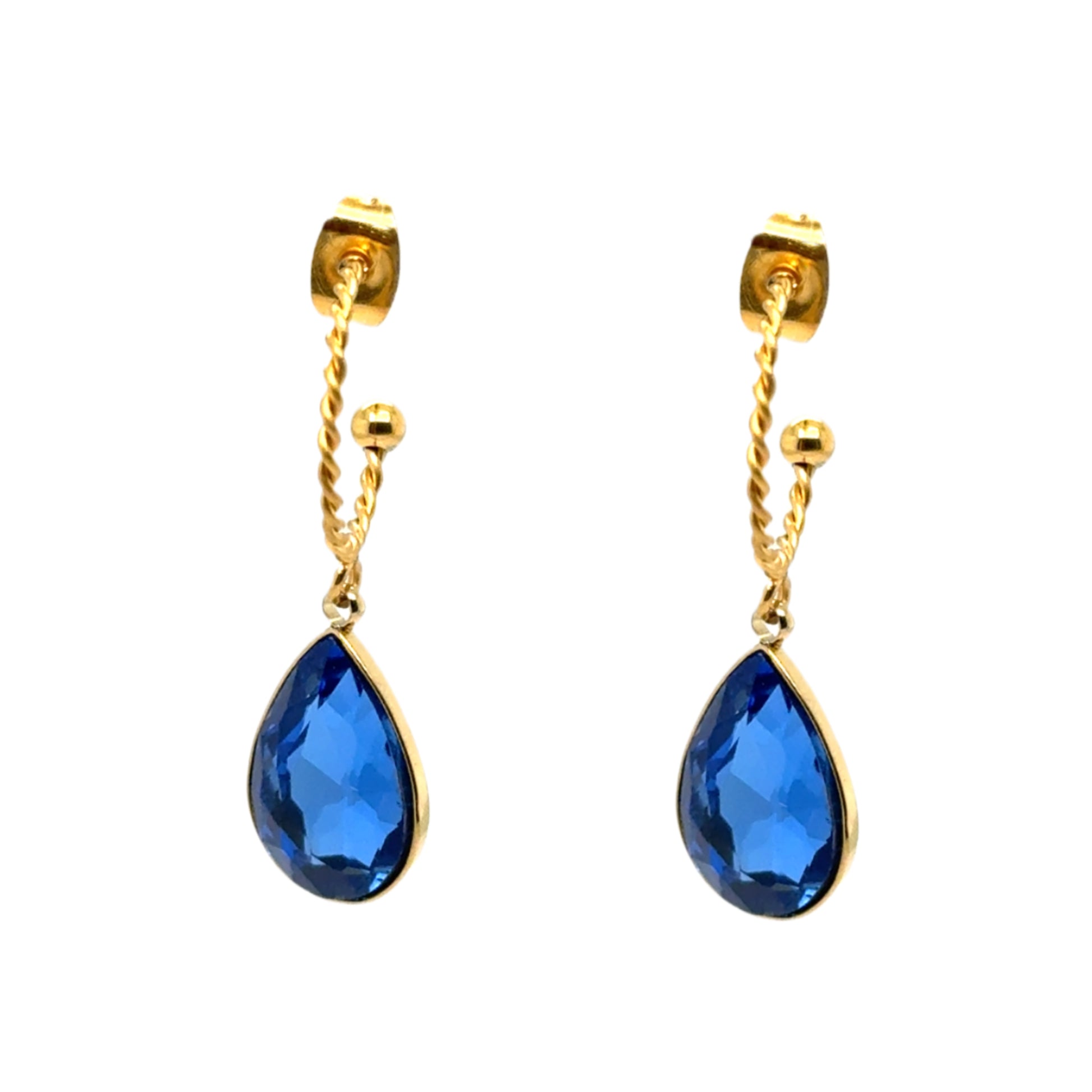Twisted gold hoop earrings with sparkly blue crystal charm