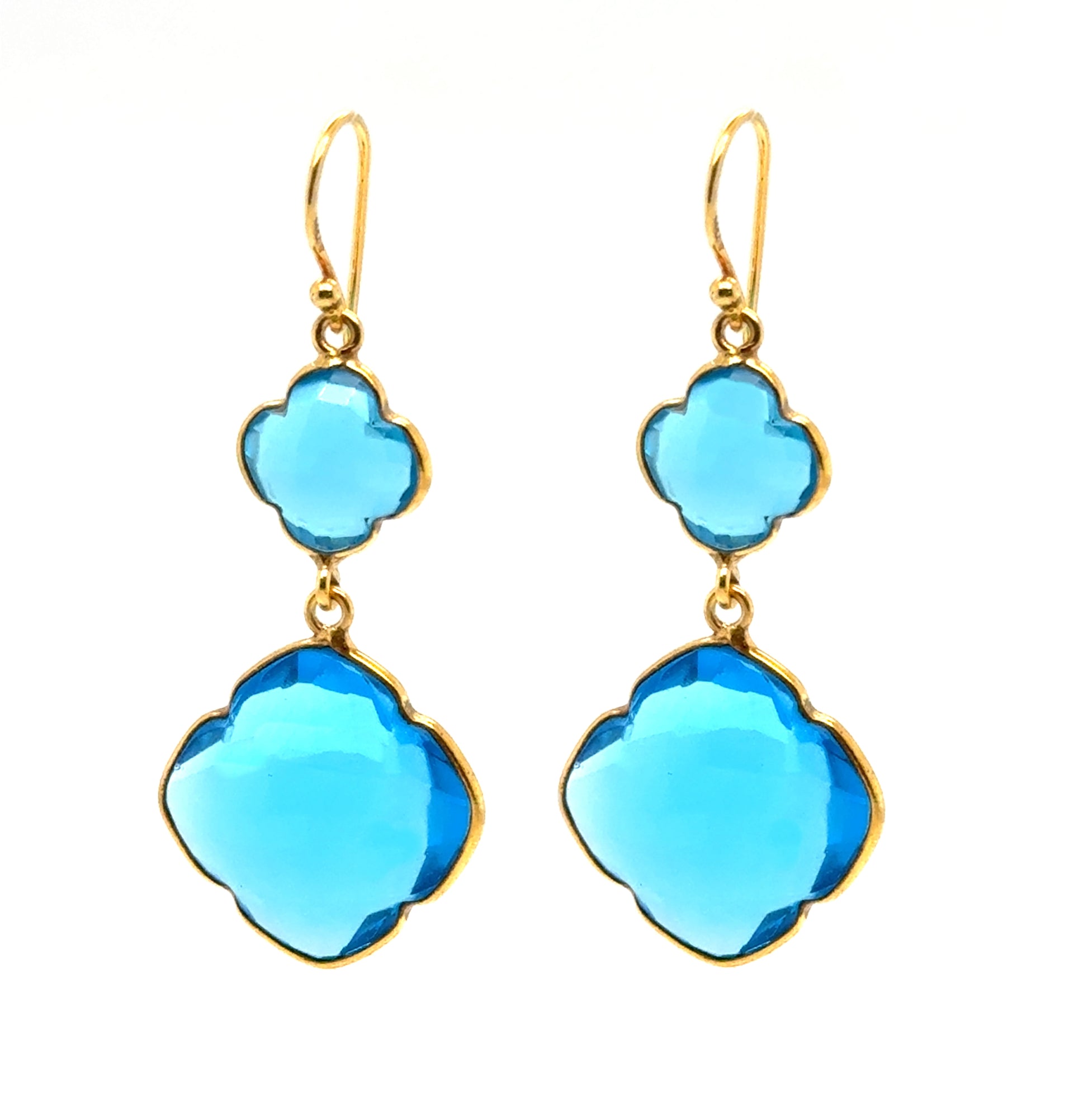 Big dangling earrings with two Sky Blue gemstone clover shaped charms