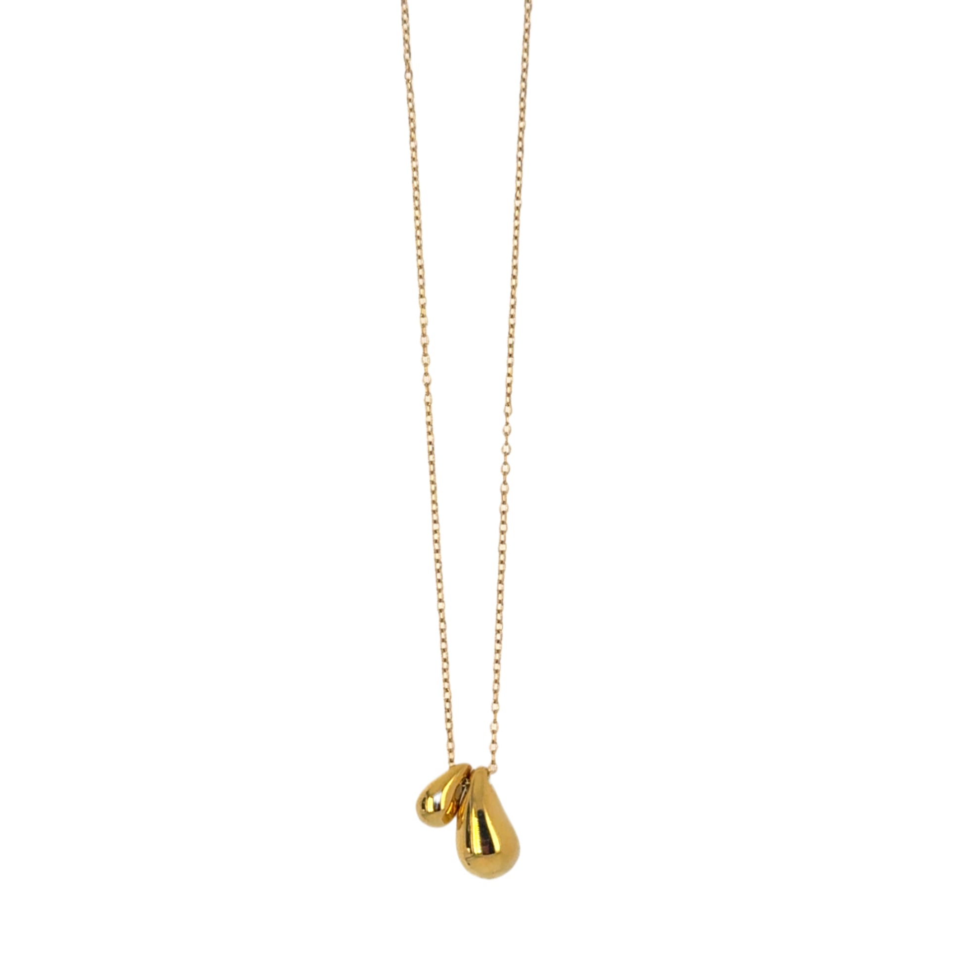 Gold necklace with a teardrop pendant on a white background