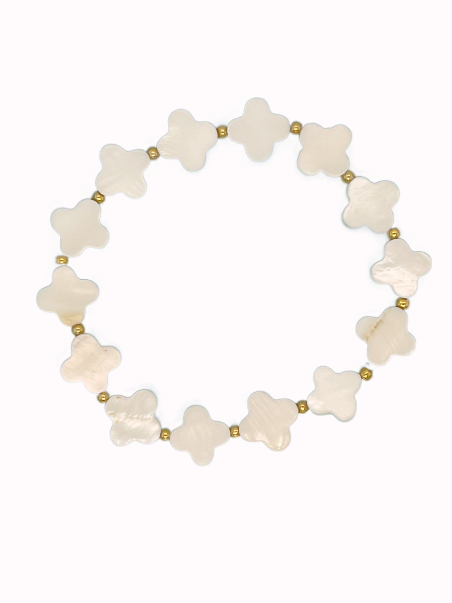 Beaded White Mother of Pearl Clover and Gold Bracelet