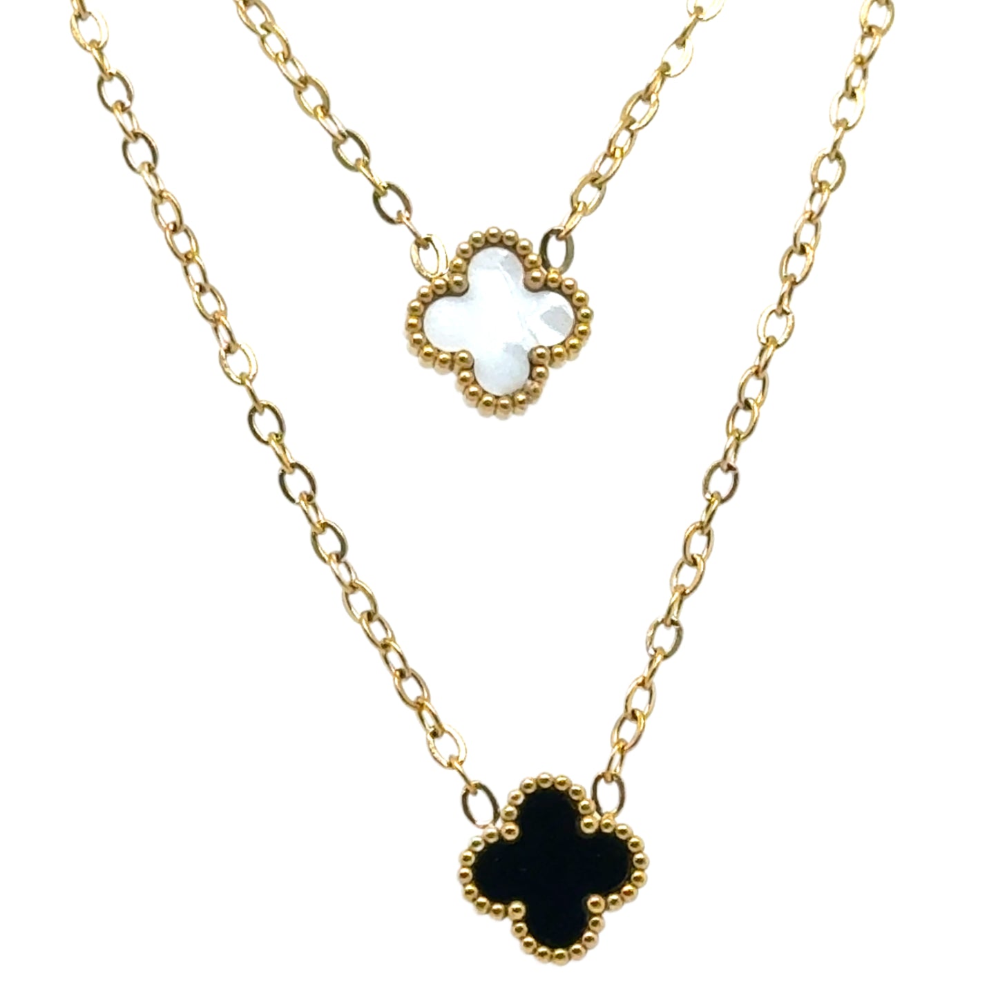 Two gold chain necklace with tiny 9mm  charms in white and black