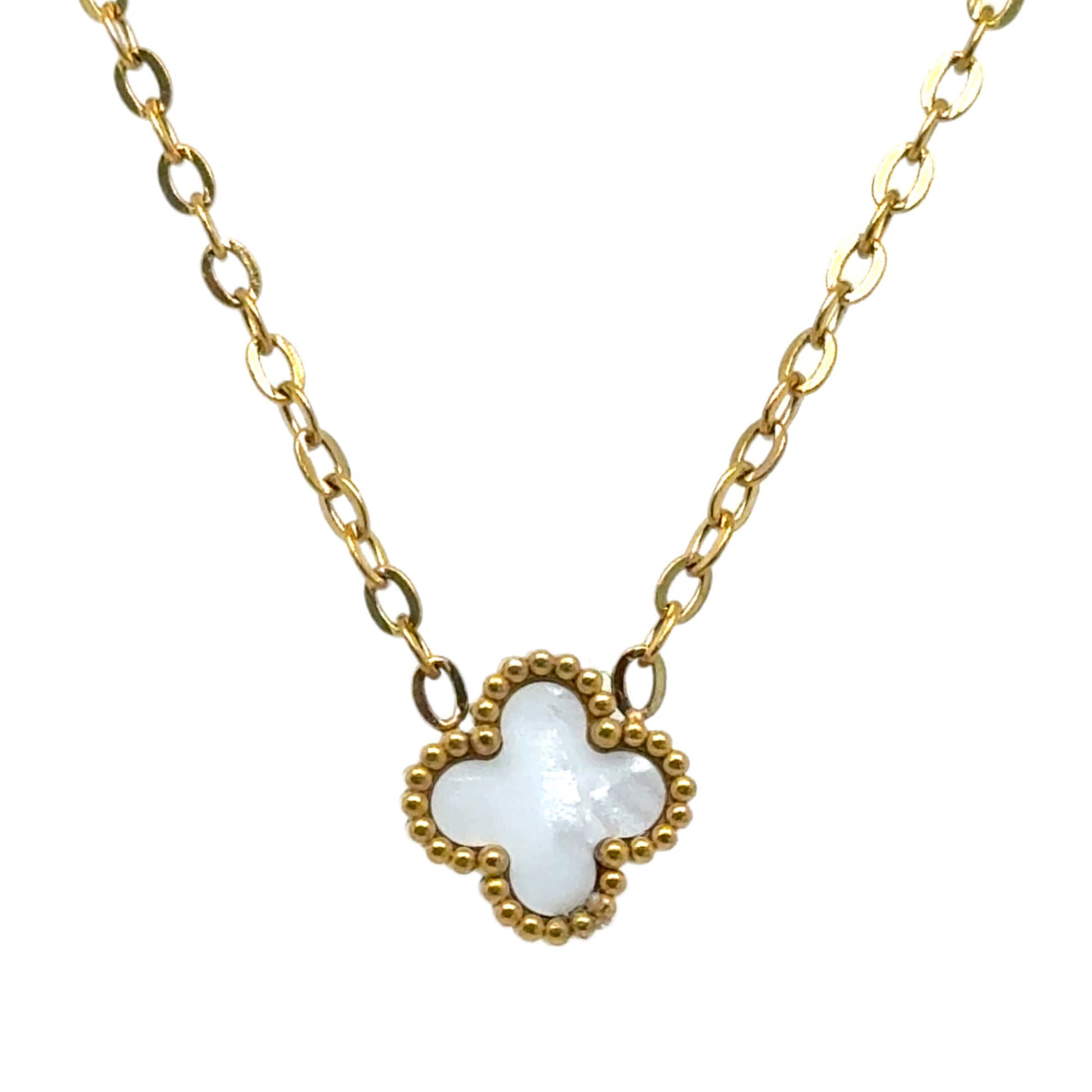 Delicate gold chain necklace with tiny 9mm white clover charm in the middle