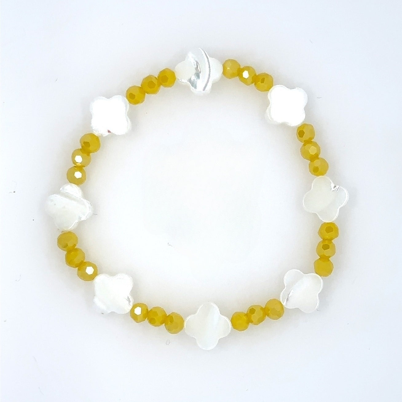 mother of pearl clover and yellow beaded bracelet
