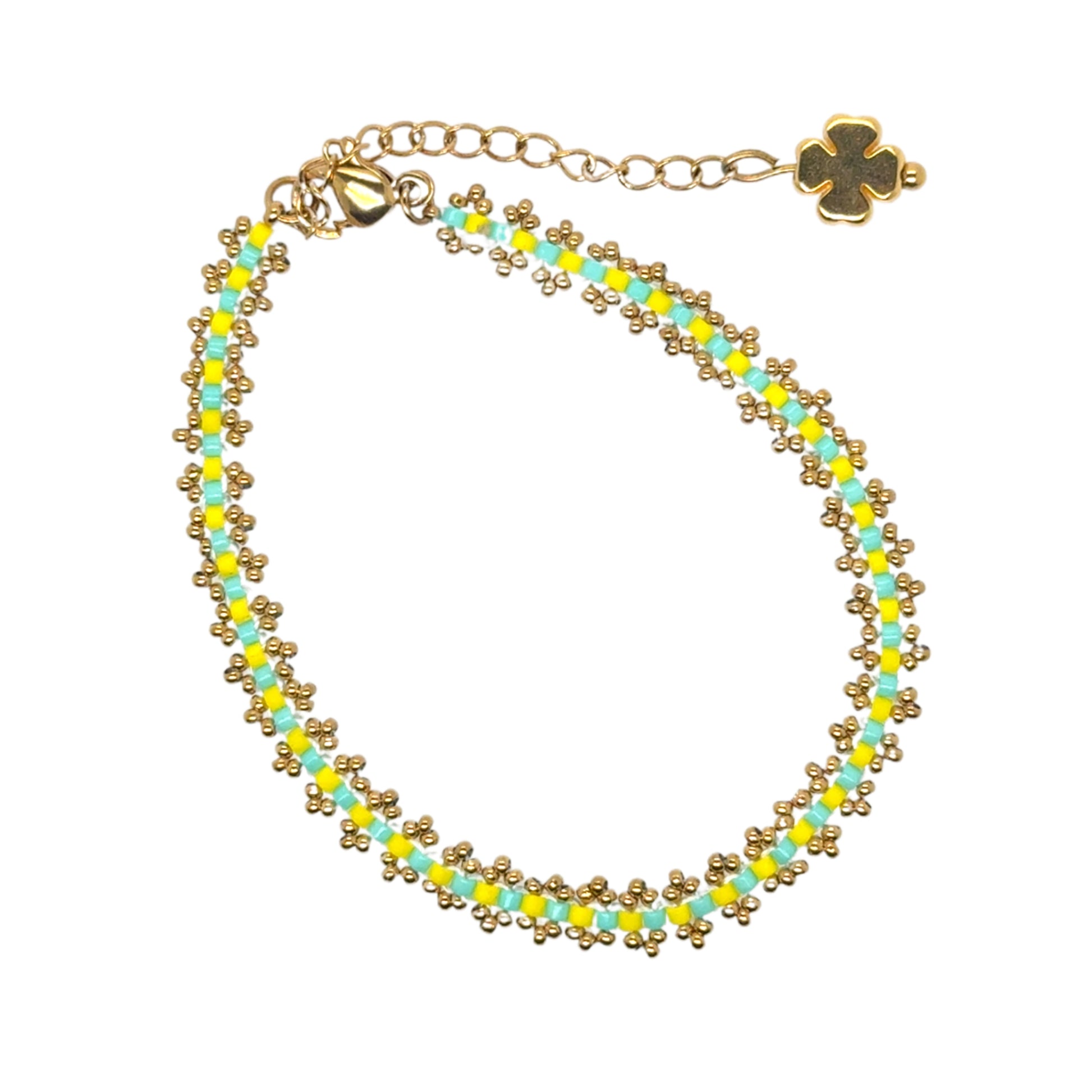 Lovely bracelet with neon yellow and green beads woven with gold beads