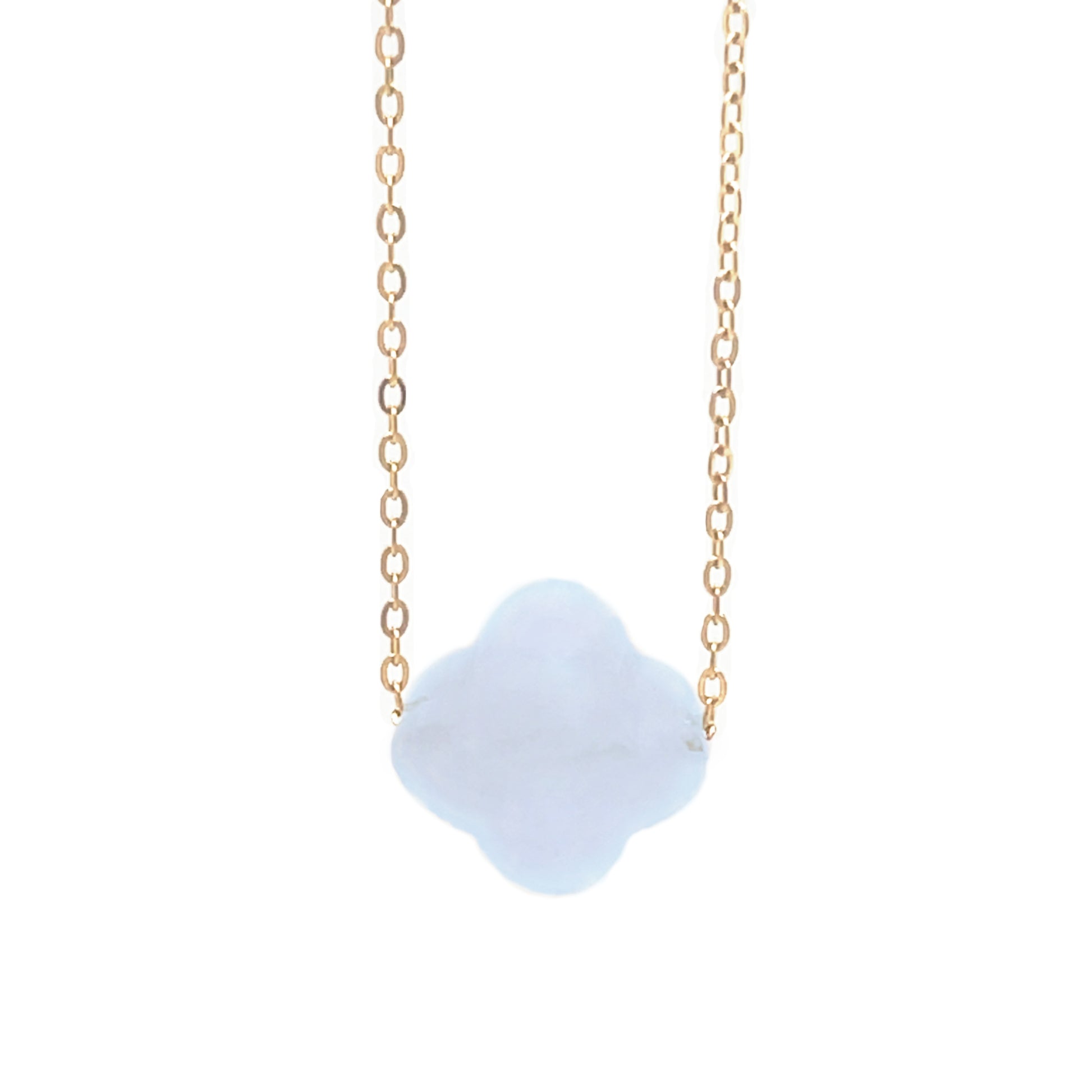 Delicate gold chain necklace with one clover glass faceted charm in Light Blue