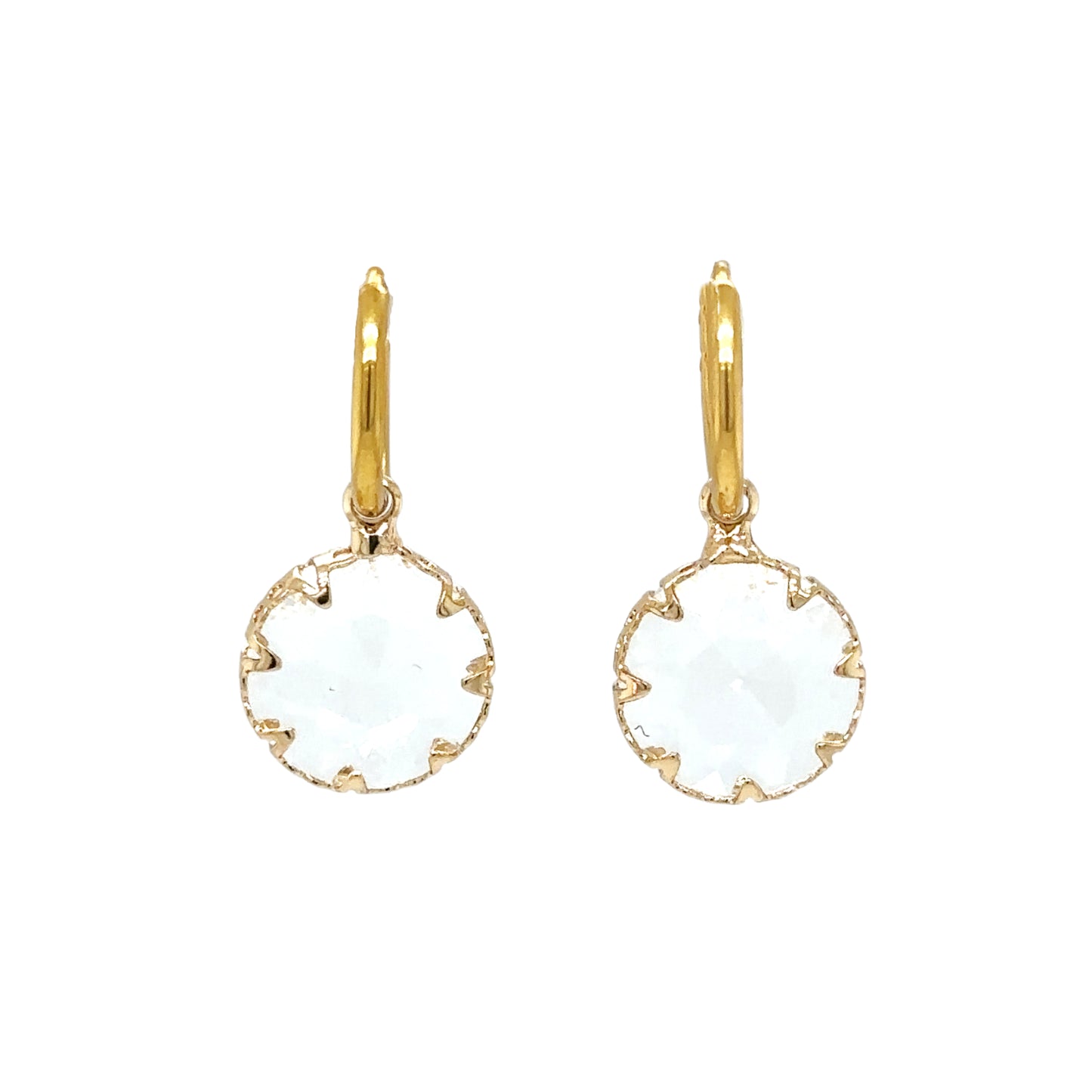 gold hoop earrings with round crystal glass charms