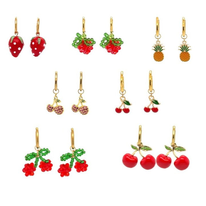 Gold hoop earrings with fruit shaped charms, raspberries, pineaples and cherries