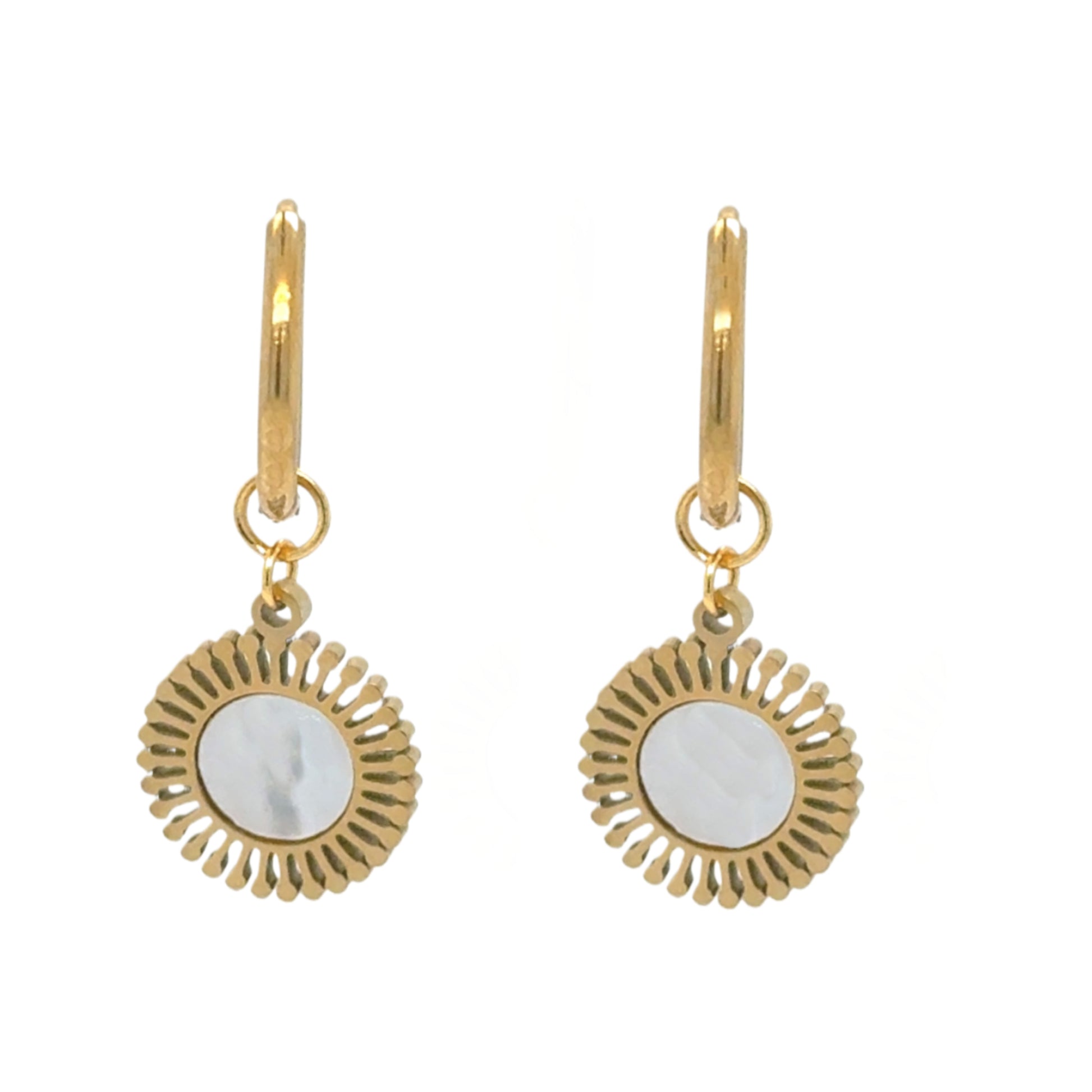 Delicate gold hoop earrings with mother of pearl and small gold round shaped charms