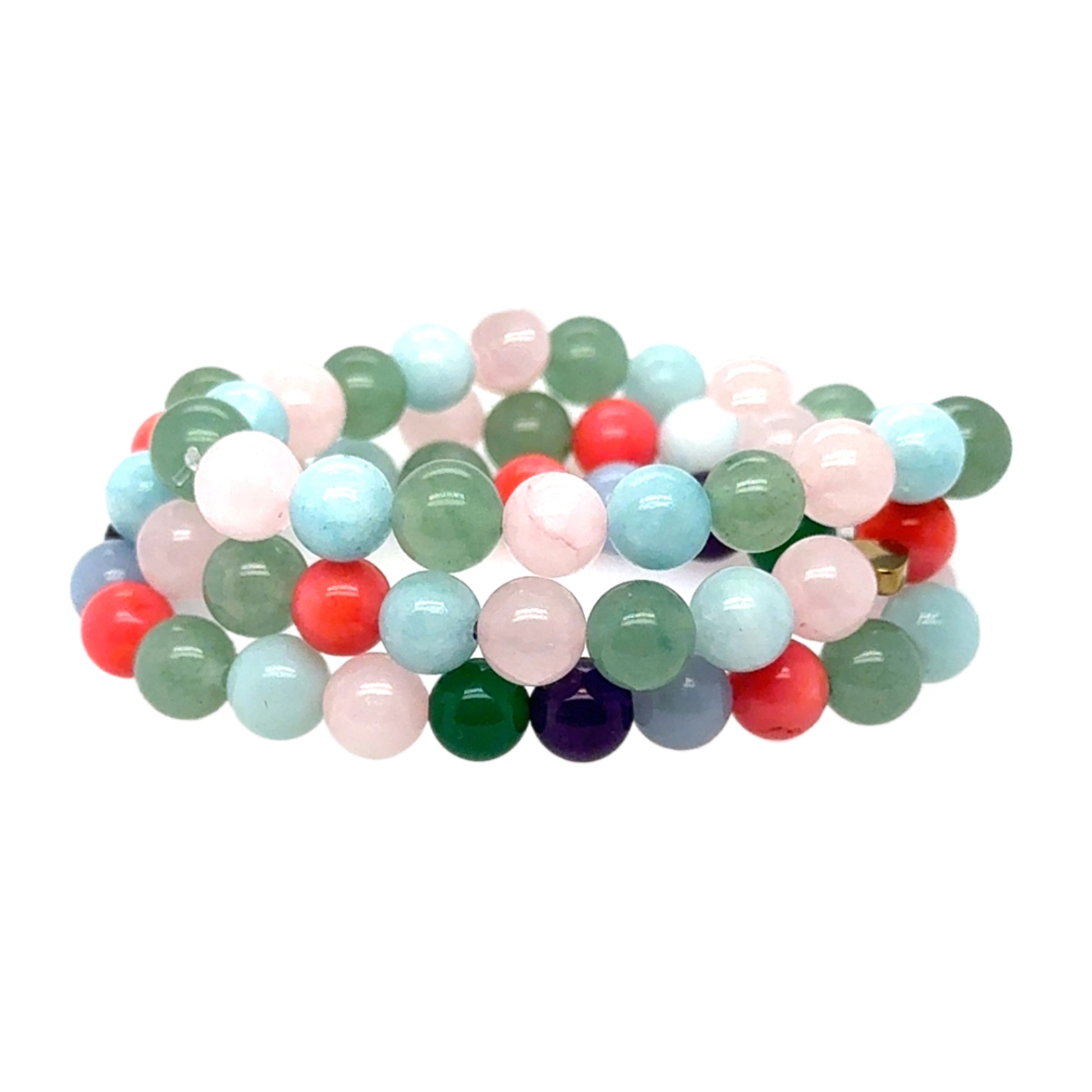 multi coloured gemstone bracelets all together
