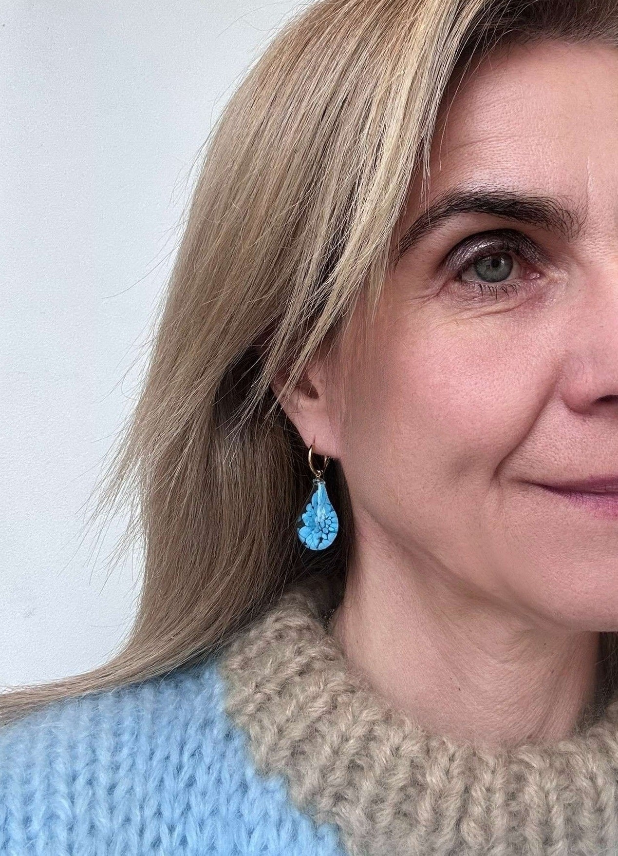 gold hoop earrings with Murano glass light blue drop charms