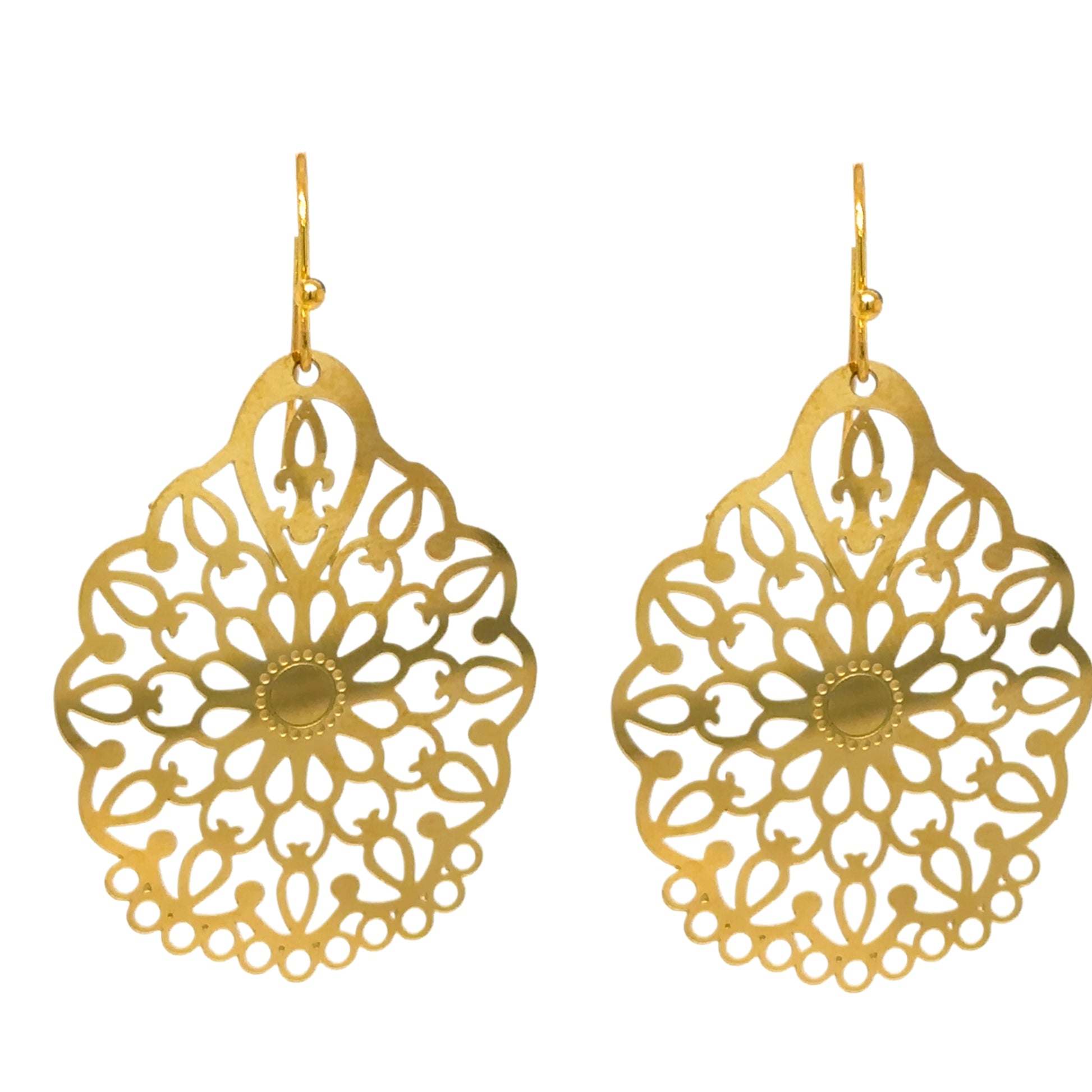 These medium bohemian patterned gold teardrop earrings are light and shimmery. They are made with 14 karat gold filled hooks that stay secure behind your ear with a rubber stopper.