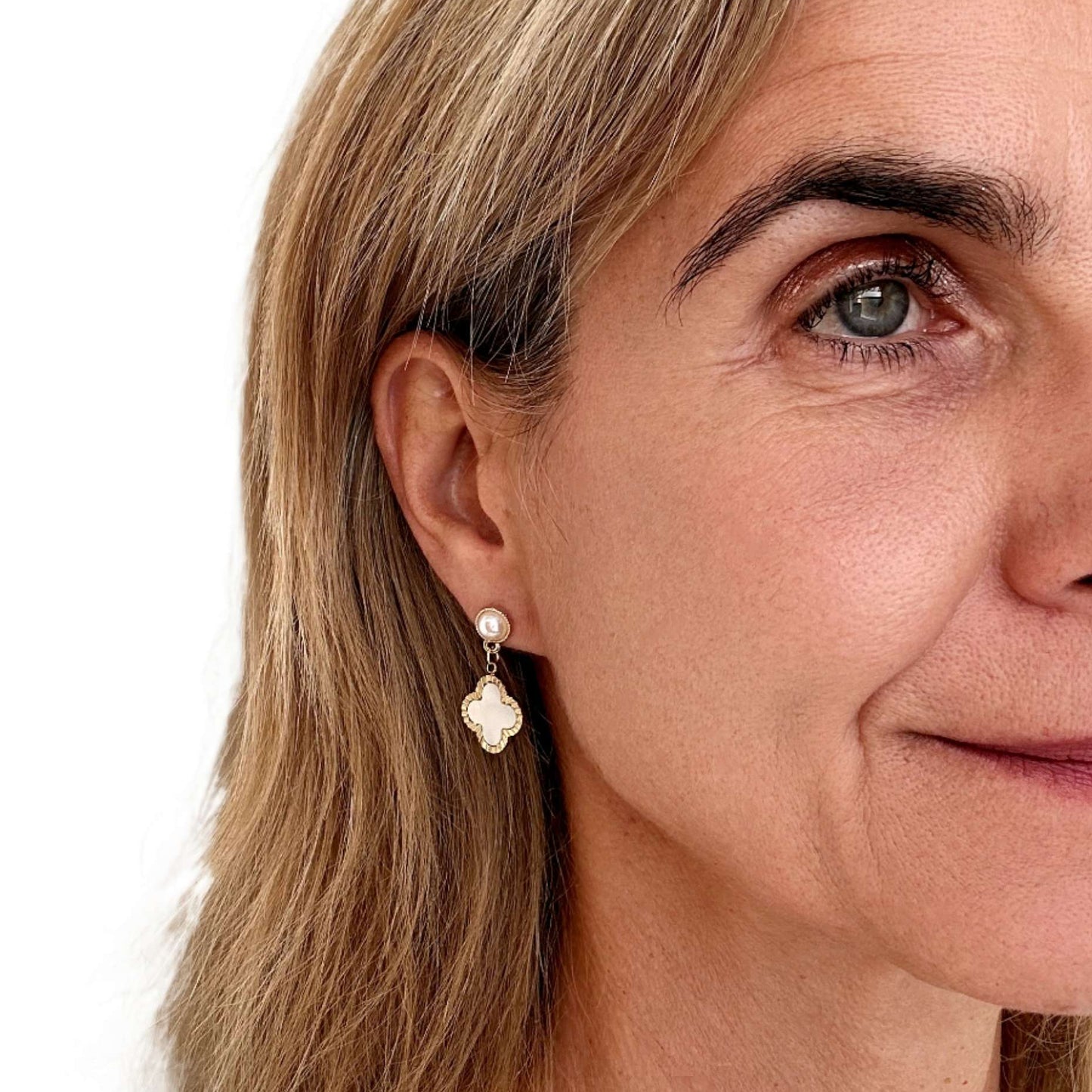 Pearl Studs with Large Clover Mother of Pearl Charms