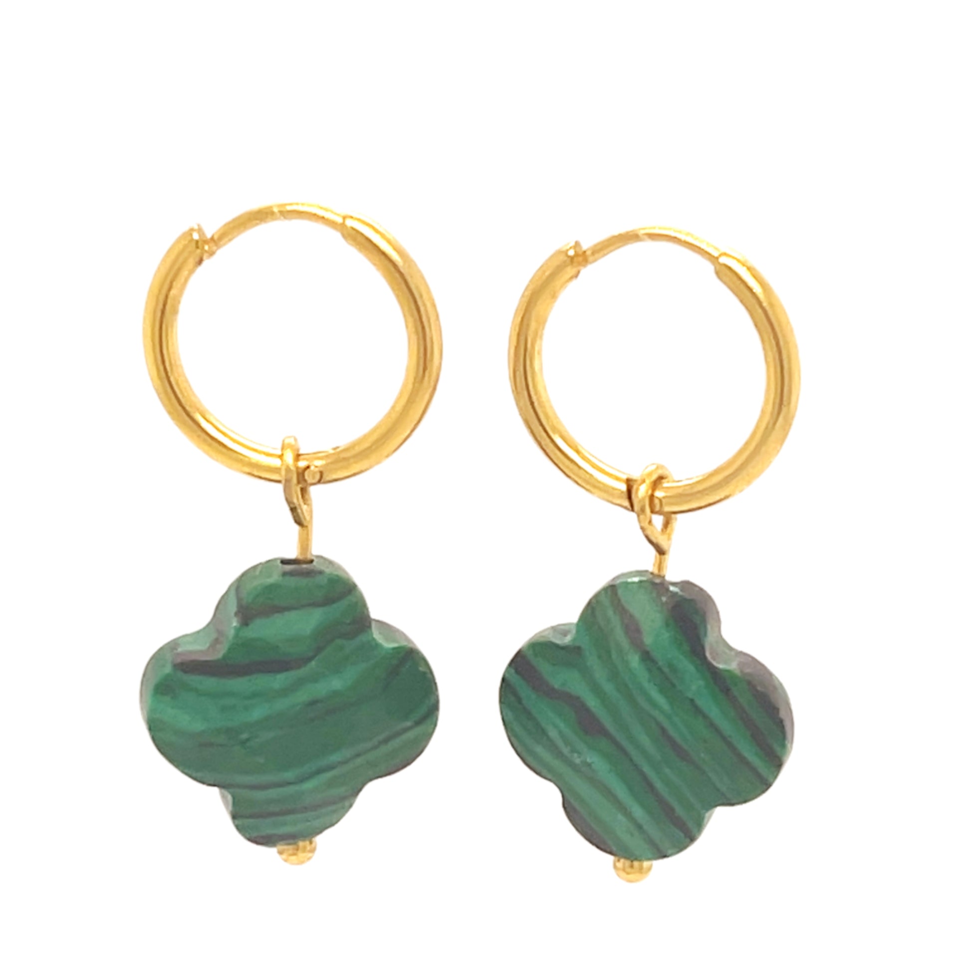 Gold Hoop earrings with malachite green clover charms