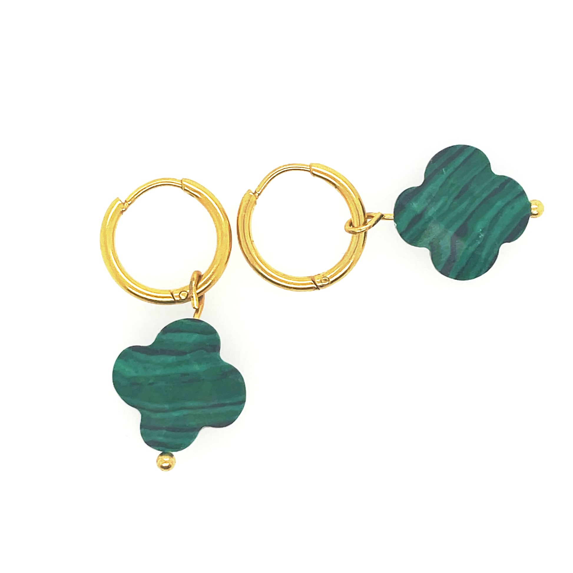 Gold Hoop earrings with malachite green clover charms