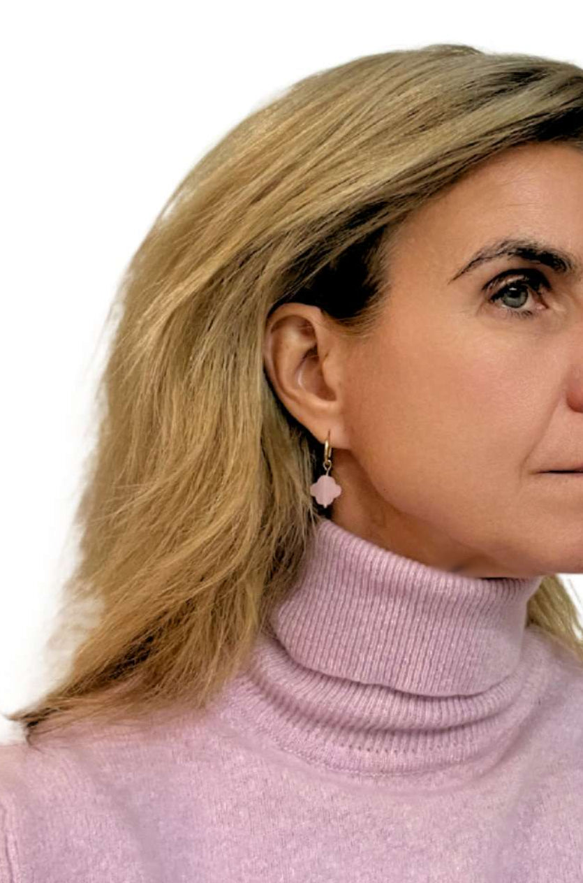 gold hoop earrings with clover shaped glass pastel pink charms