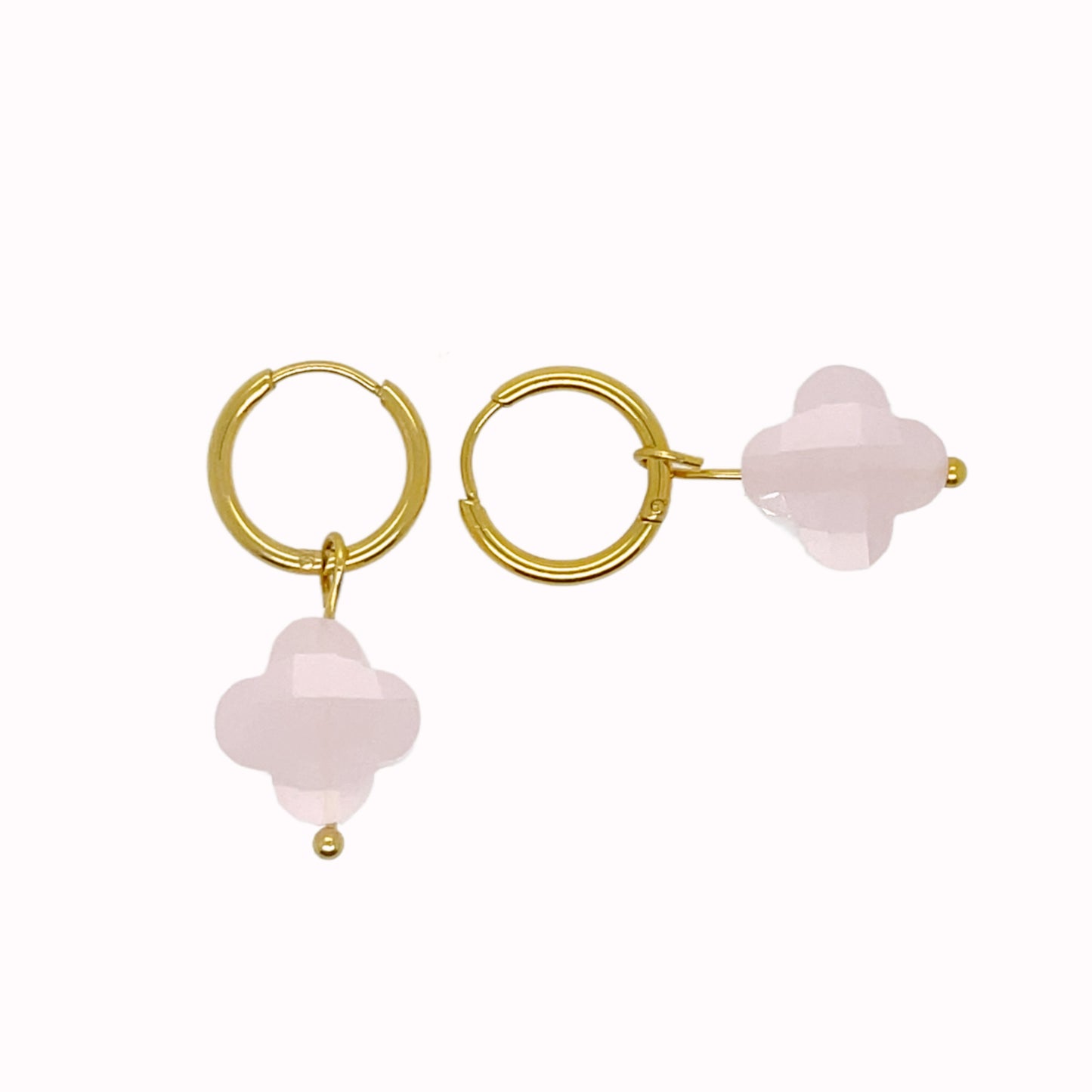 gold hoop earrings with clover shaped glass pastel pink charms