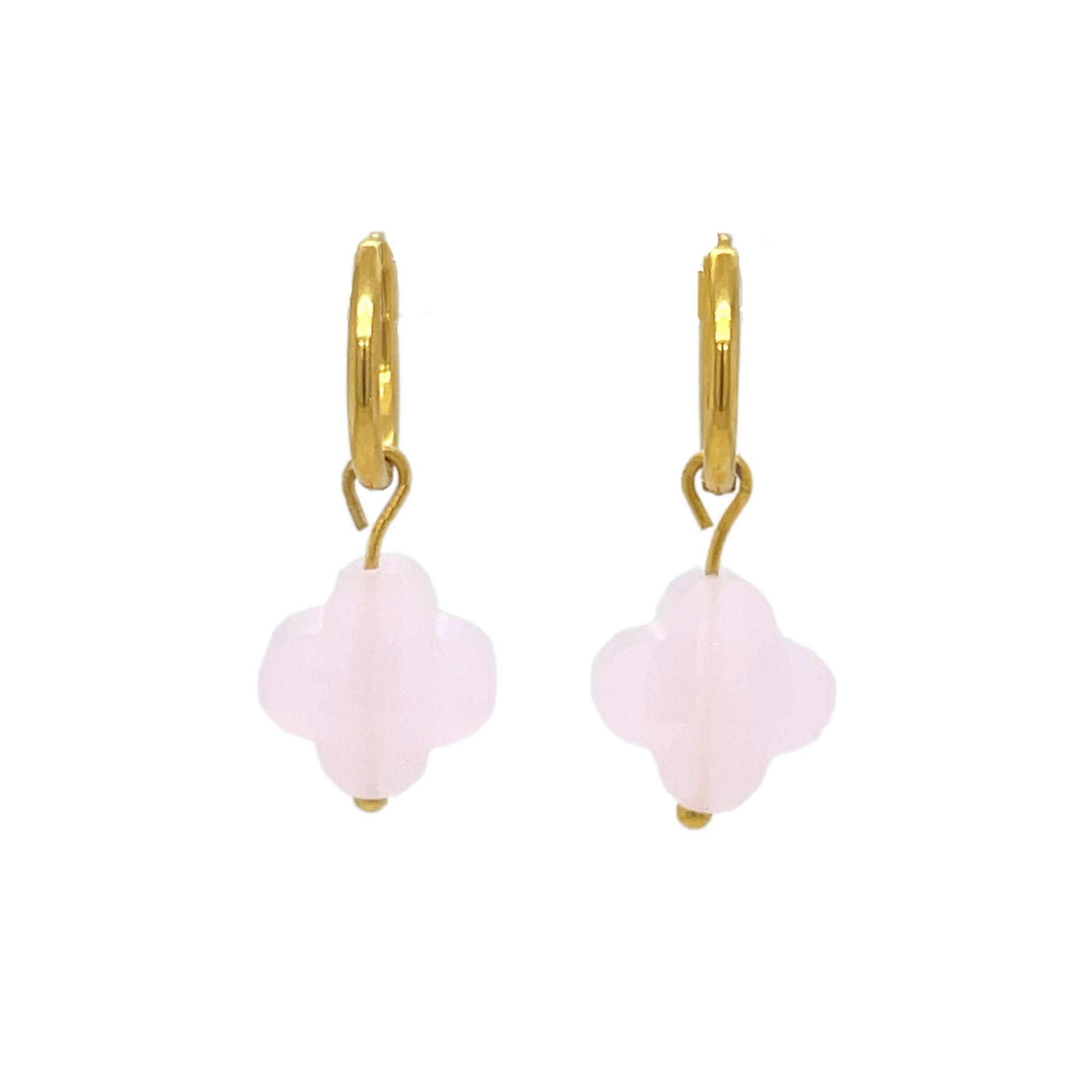 gold hoop earrings with clover shaped glass pastel pink charms