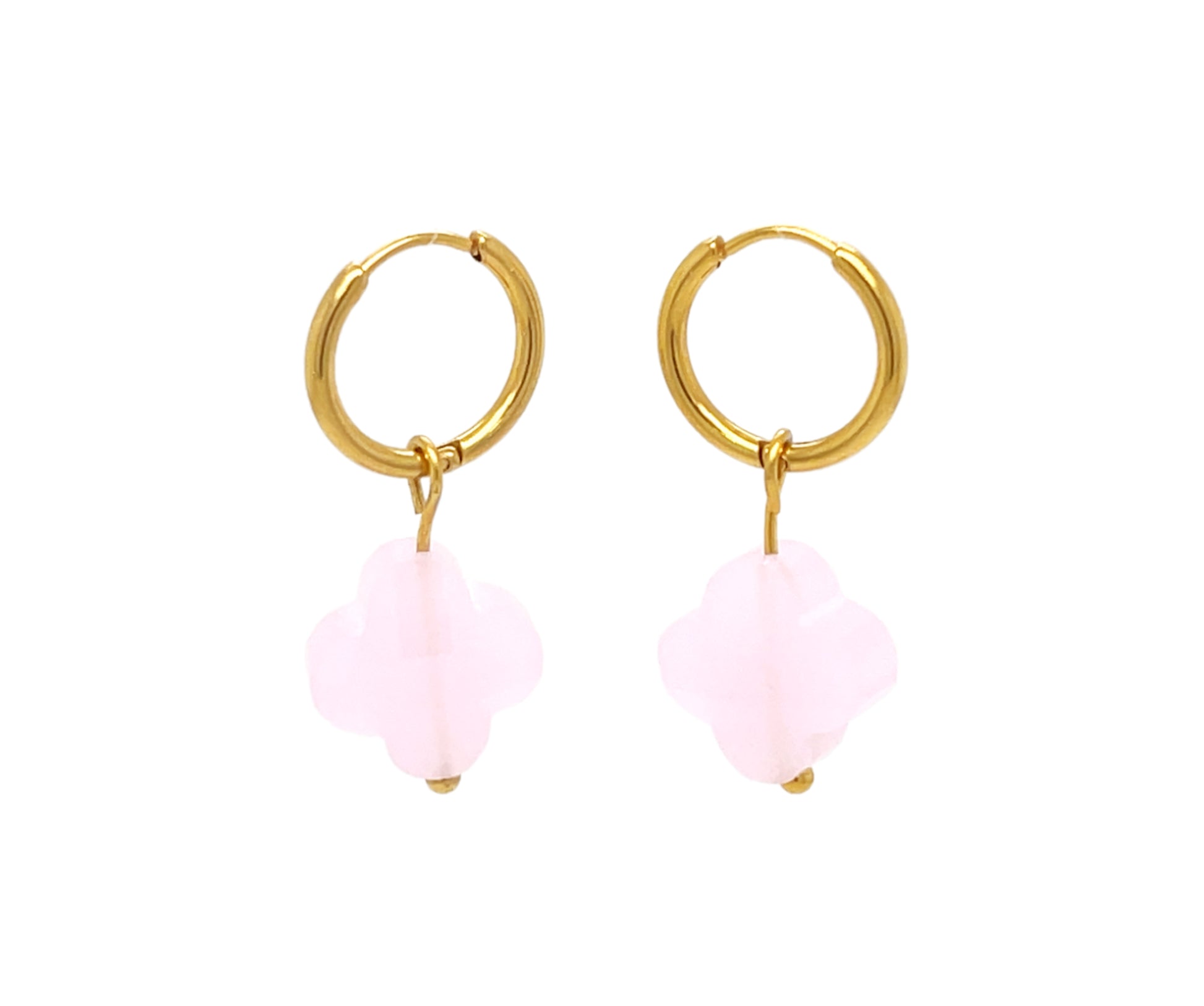 gold hoop earrings with clover shaped glass pastel pink charms
