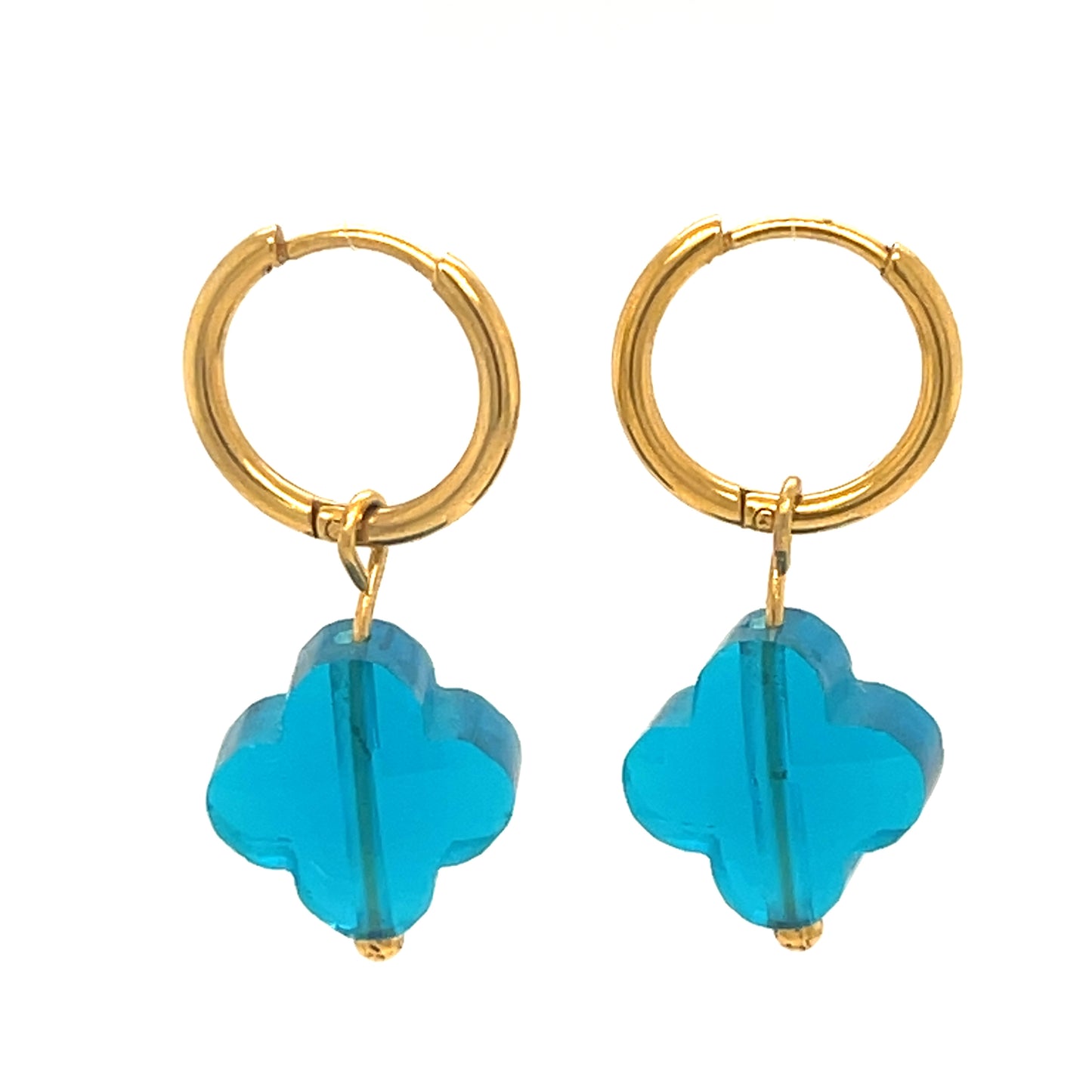 hoop earrings with clover shaped glass charms in turquoise blue
