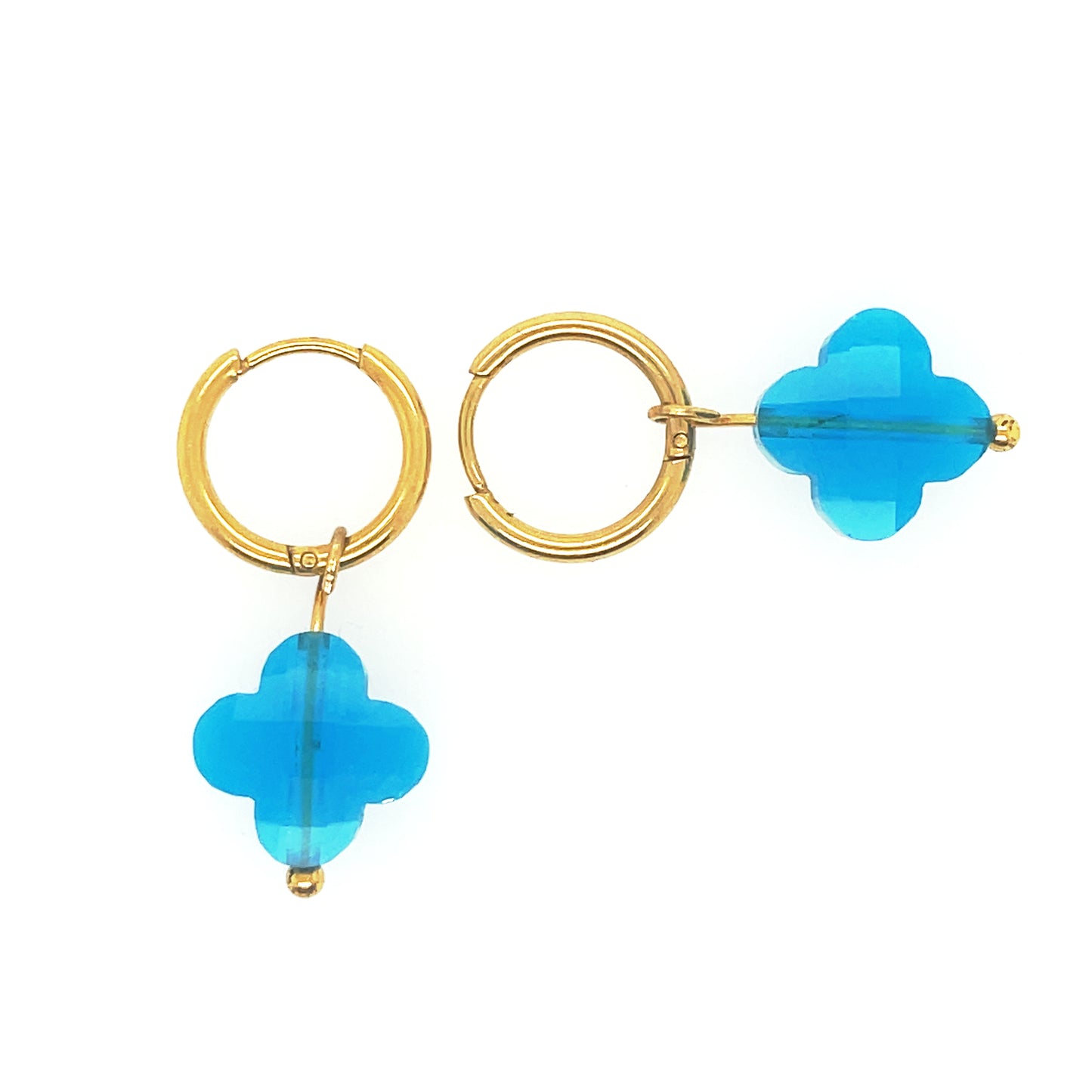 hoop earrings with clover shaped glass charms in turquoise blue