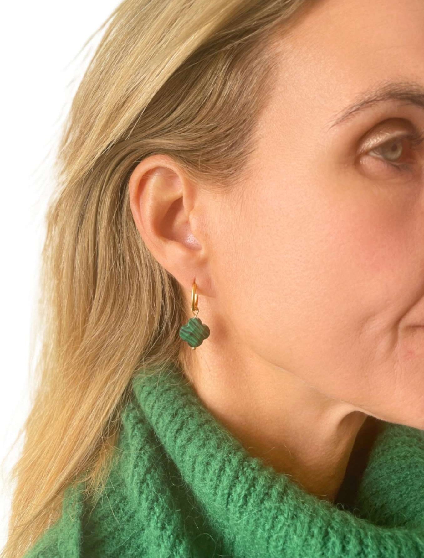 Gold Hoop earrings with malachite green clover charms