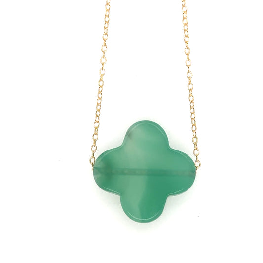 Delicate gold chain with one large Green Agate semi-precious gemstone clover shaped flat charm