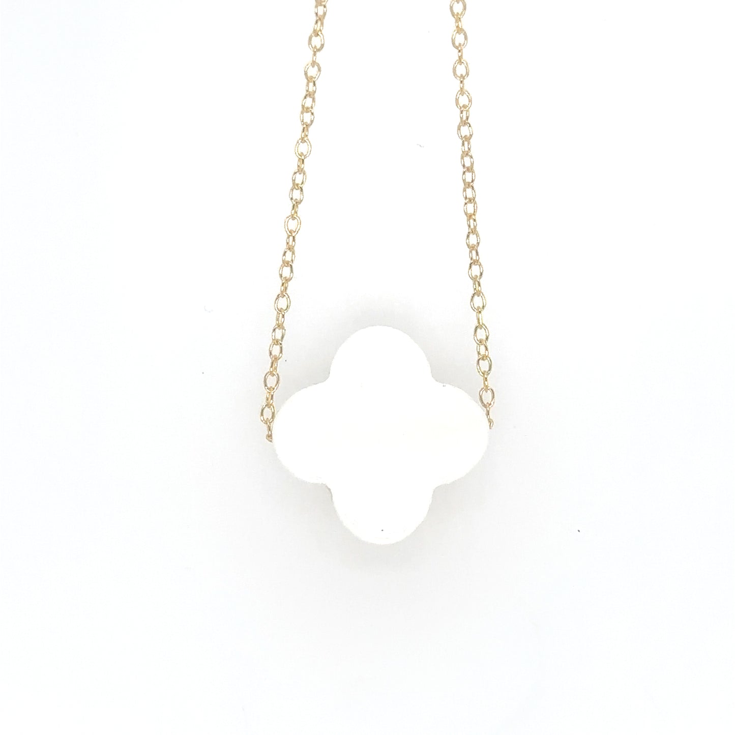 Delicate gold chain with one large White Agate semi-precious gemstone clover shaped flat charm