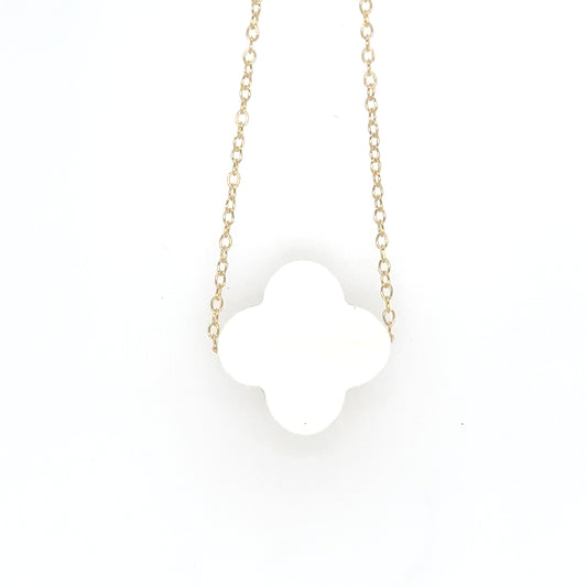 Delicate gold chain with one large White Agate semi-precious gemstone clover shaped flat charm