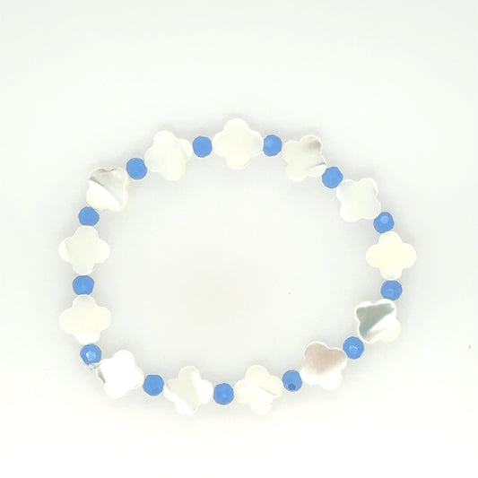 mother of pearl clover charm bracelet with cornflower blue beads