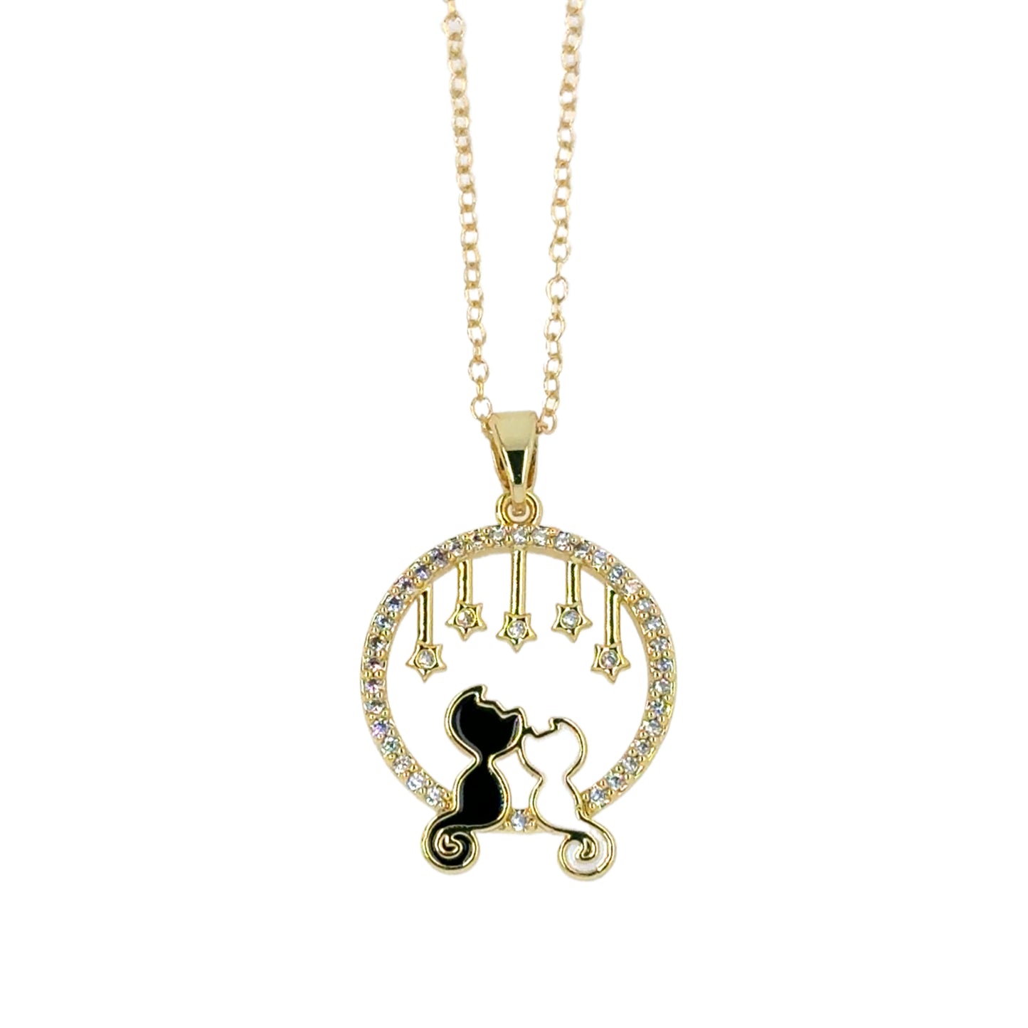 Delicate chain necklace with cute charm that has 2 cats in love under starry sky.