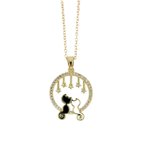 Delicate chain necklace with cute charm that has 2 cats in love under starry sky.