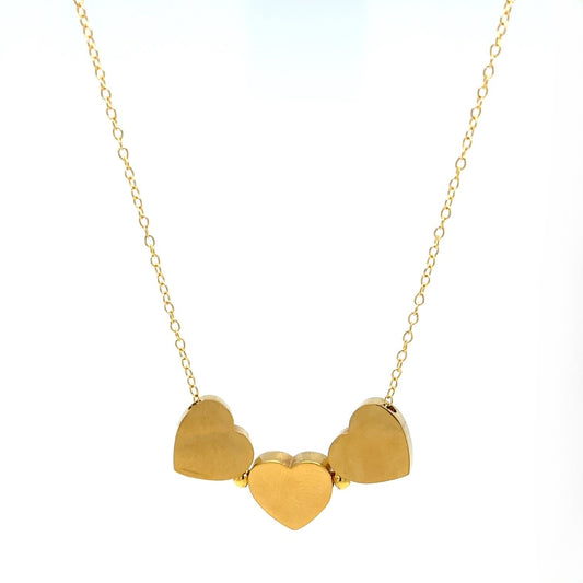 Delicate gold chain necklace with three gold heart charms