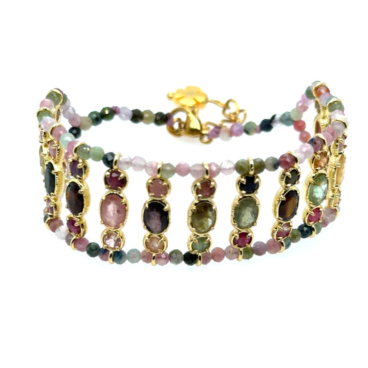 Beautiful double stranded Tourmaline gemstone bracelet lined with 3 layers of oval multicoloured stones