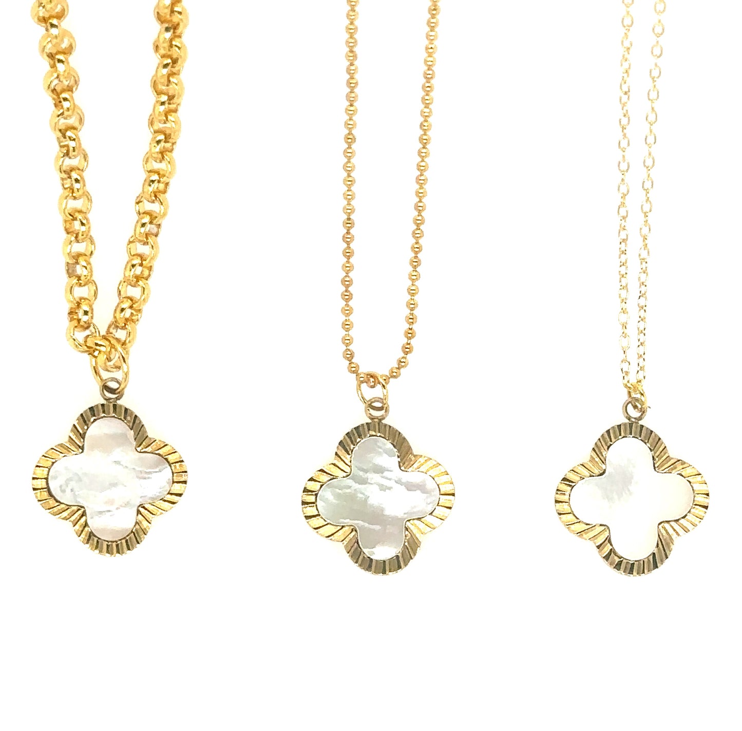 3 necklaces with mother of pearl clover charm pendants