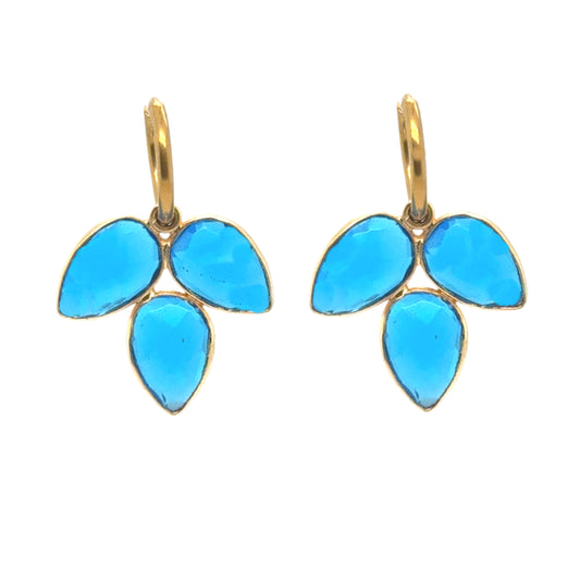 Lovely gold hoop earrings with three Blue Topaz gemstone petal shaped charms