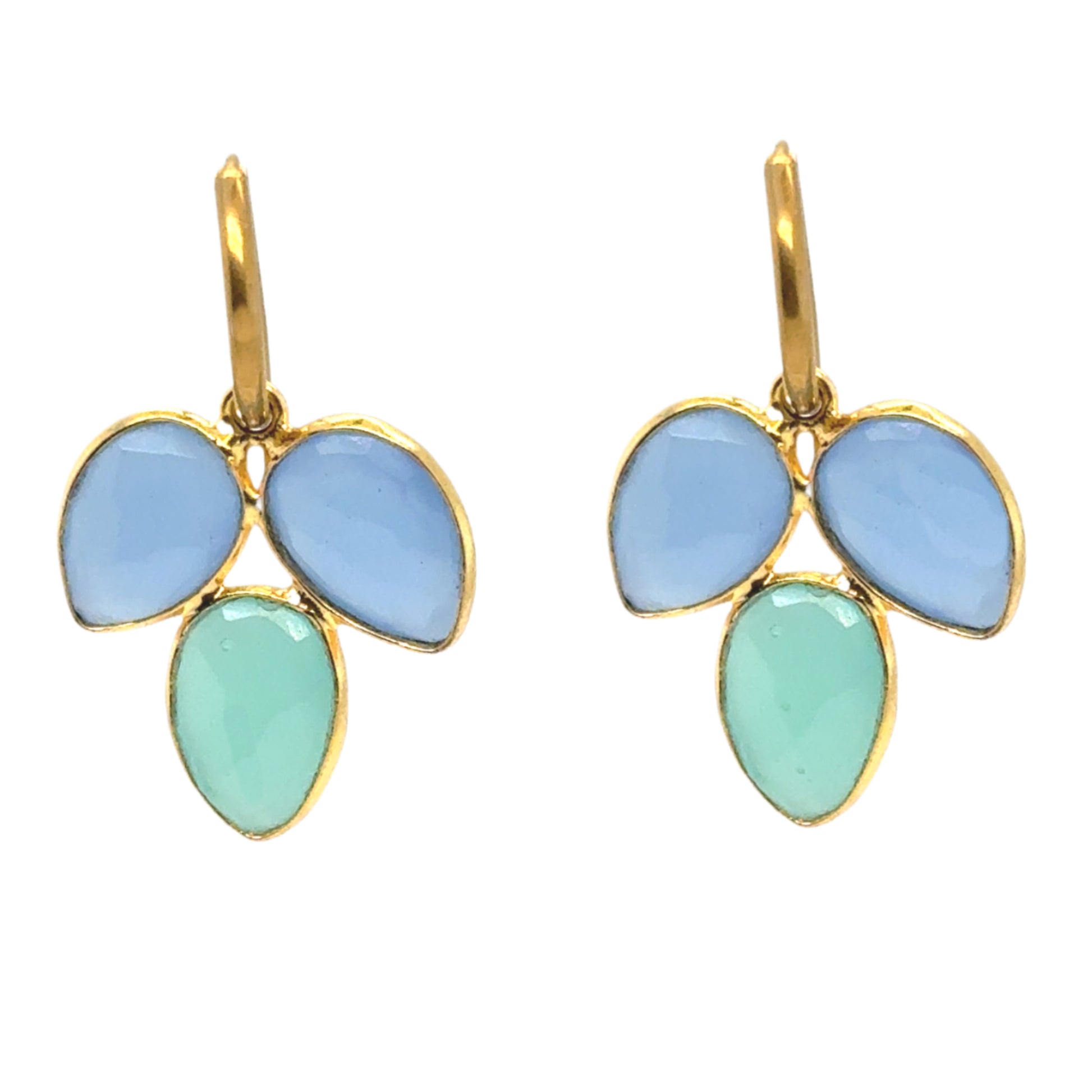 Gold Hoops with Blue Chalcedony & Aqua Hydro Quartz Three Petal Charms