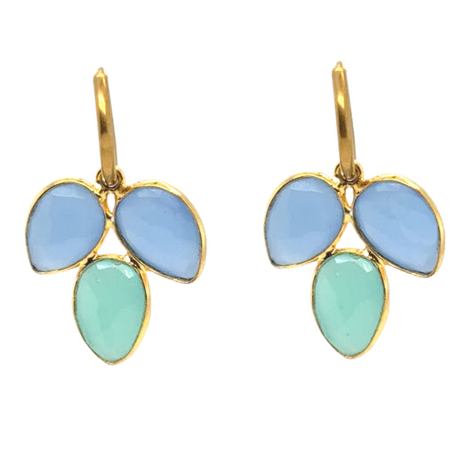 Gold Hoops with Blue Chalcedony & Aqua Hydro Quartz Three Petal Charms